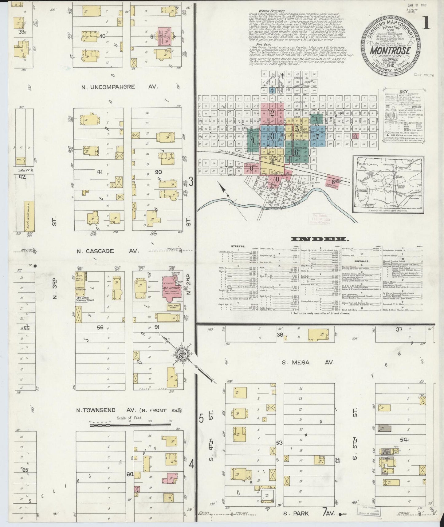 Sanborn Fire Insurance Map from Montrose, Montrose County, Colorado (1912), Sheet #0001 - Historic Sanborn Fire Insurance Map Print, vintage old map wall art, antique decor, genealogy gift, Colorado Colorado map