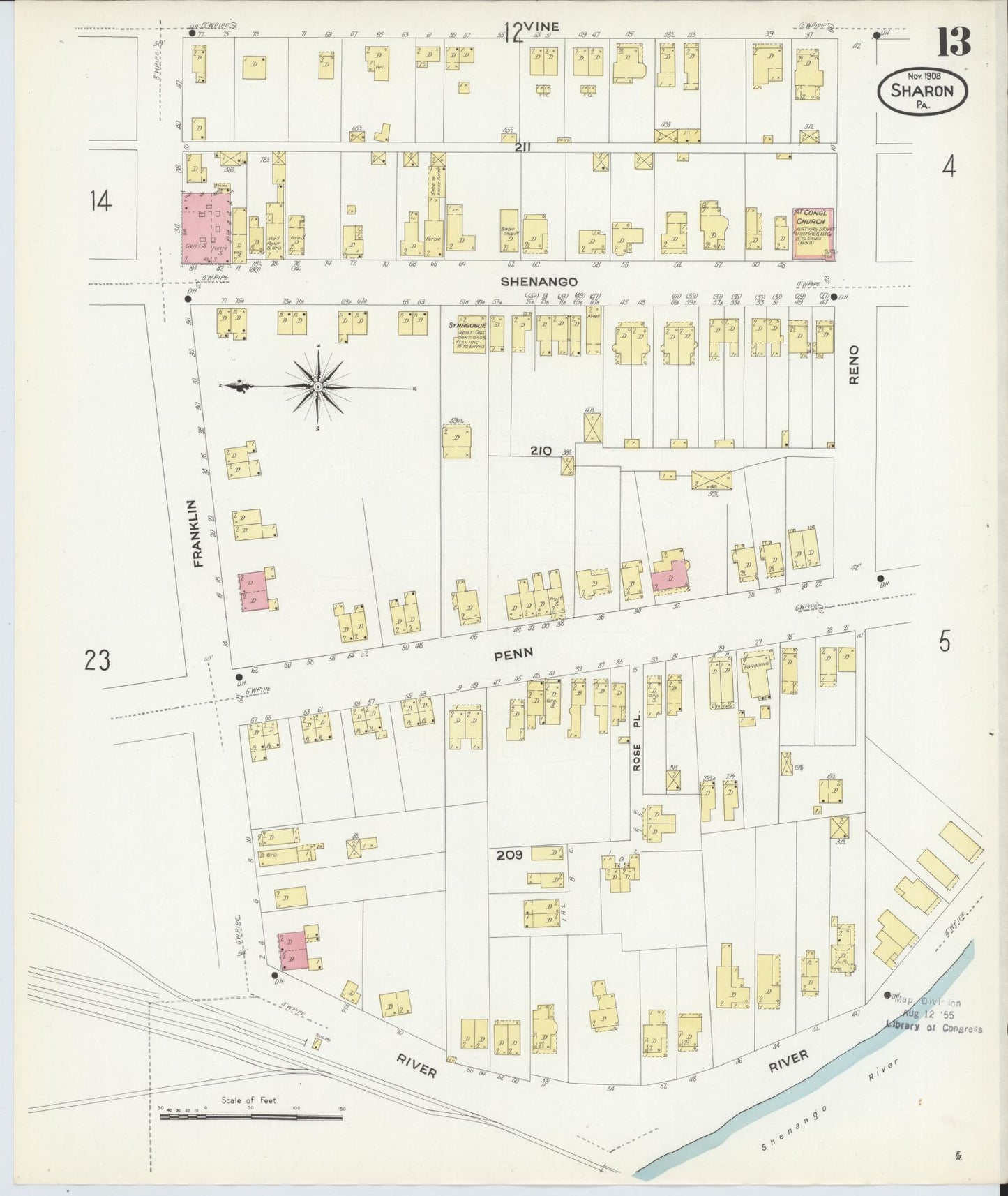 Sanborn Fire Insurance Map from Sharon, Mercer County, Pennsylvania. (1908), Sheet 13 – Historic Sanborn Fire Insurance Map Print