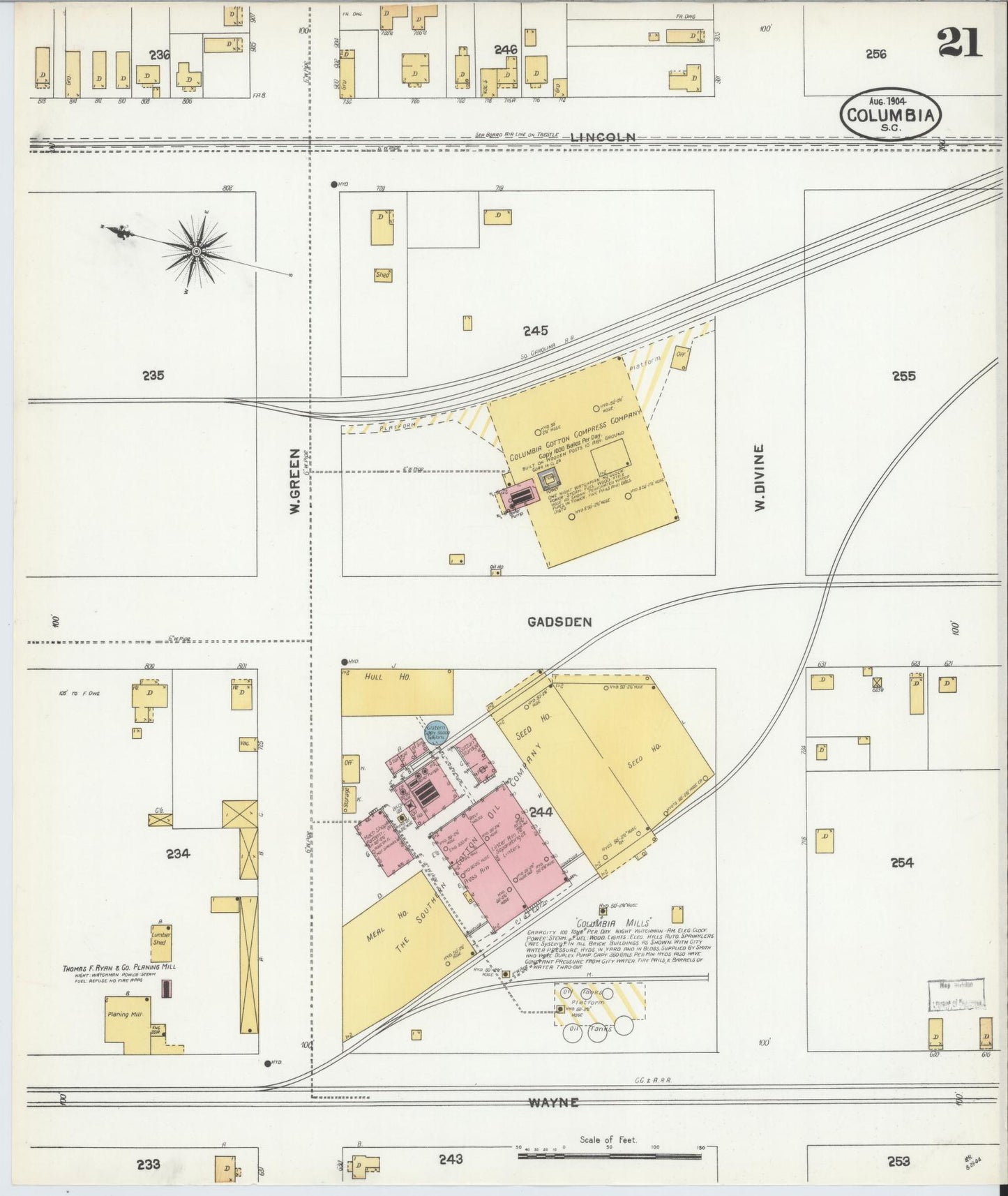 Sanborn Fire Insurance Map from Columbia, Richland County, South Carolina (1904), Sheet #0021 - Historic Sanborn Fire Insurance Map Print, vintage old map wall art, antique decor, genealogy gift, South Carolina South Carolina map