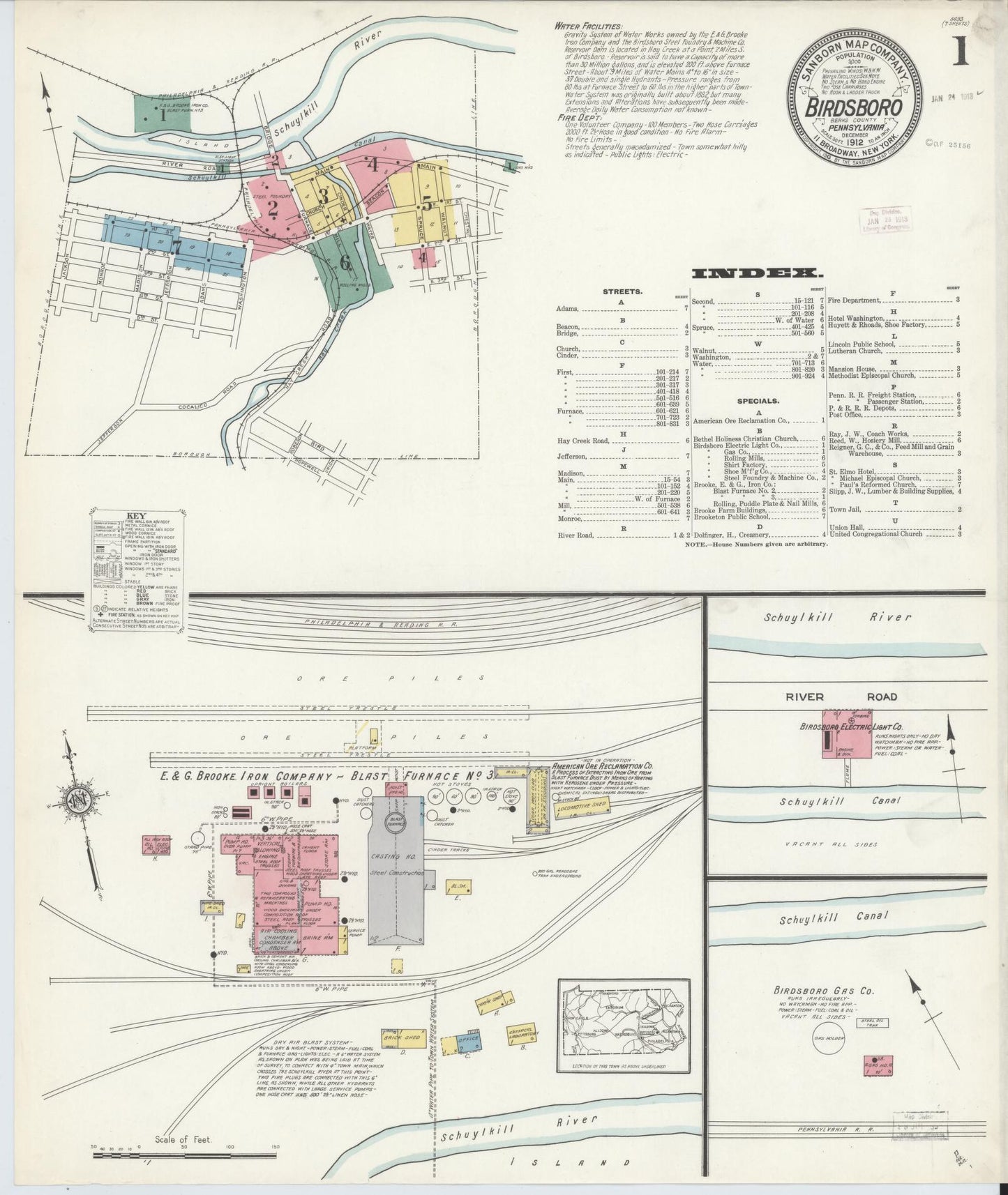 Sanborn Fire Insurance Map from Birdsboro, Berks County, Pennsylvania (1912), Sheet #0001 - Historic Sanborn Fire Insurance Map Print, vintage old map wall art, antique decor, genealogy gift, Pennsylvania Pennsylvania map