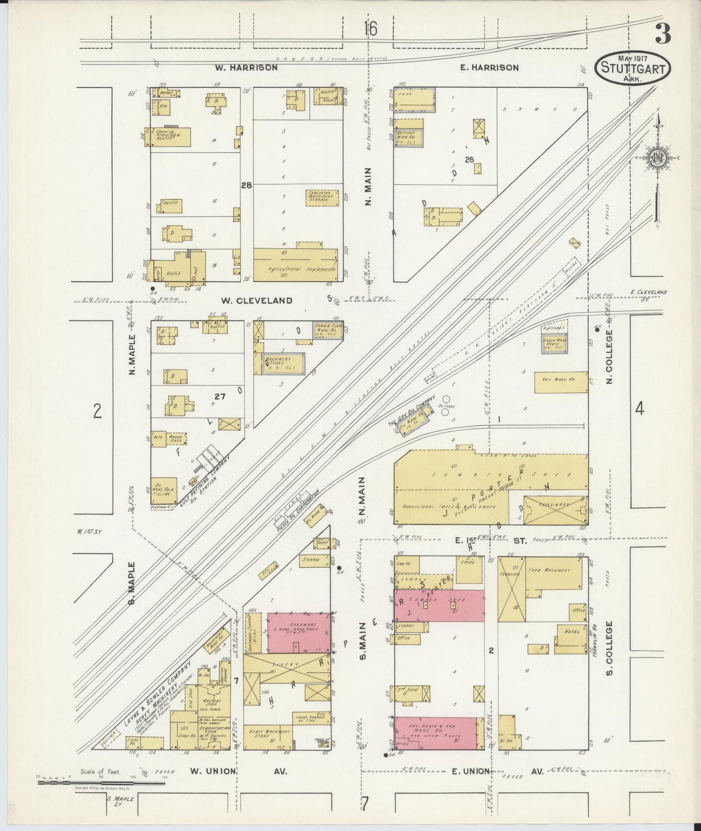 Sanborn Fire Insurance Map from Stuttgart, Arkansas County, Arkansas (1917), Sheet #0003 - Historic Sanborn Fire Insurance Map Print, vintage old map wall art, antique decor, genealogy gift, Stuttgart Arkansas map