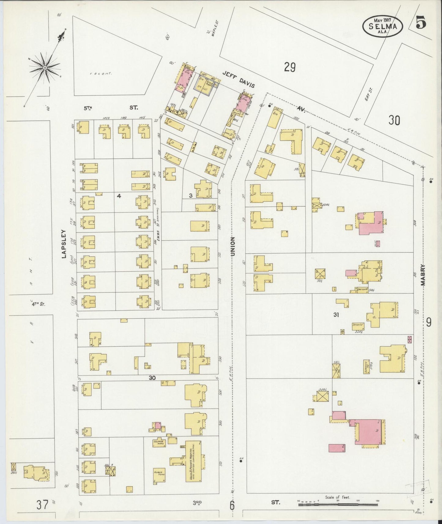 Sanborn Fire Insurance Map from Selma, Dallas County, Alabama (1907), Sheet #0005 - Historic Sanborn Fire Insurance Map Print, vintage old map wall art, antique decor, genealogy gift, Alabama Alabama map