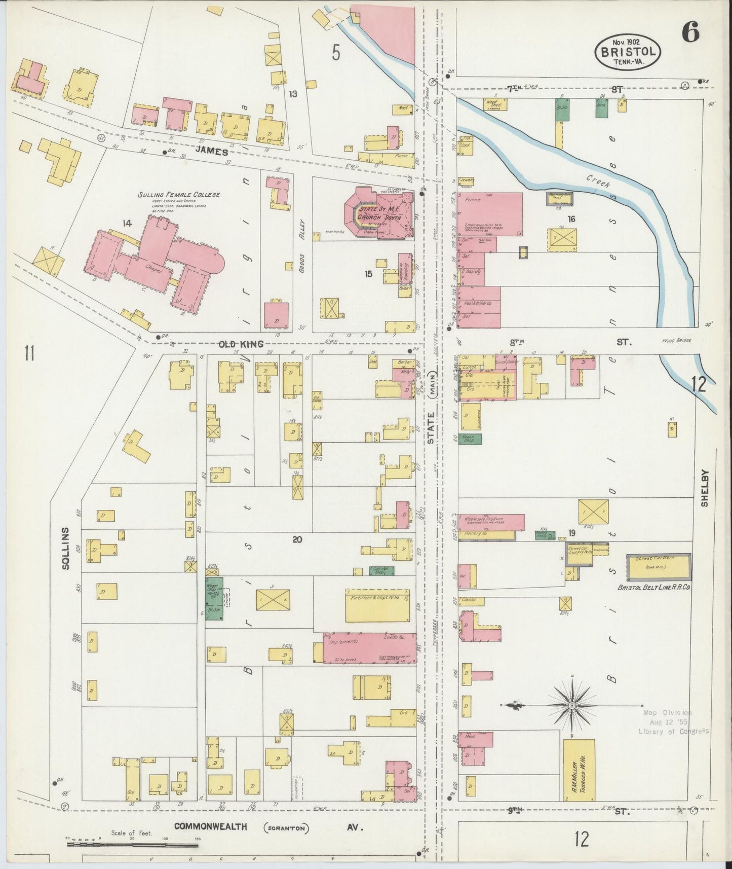 Sanborn Fire Insurance Map from Bristol, Sullivan County, Tennessee (1902), Sheet #0006 - Historic Sanborn Fire Insurance Map Print, vintage old map wall art, antique decor, genealogy gift, Tennessee Tennessee map