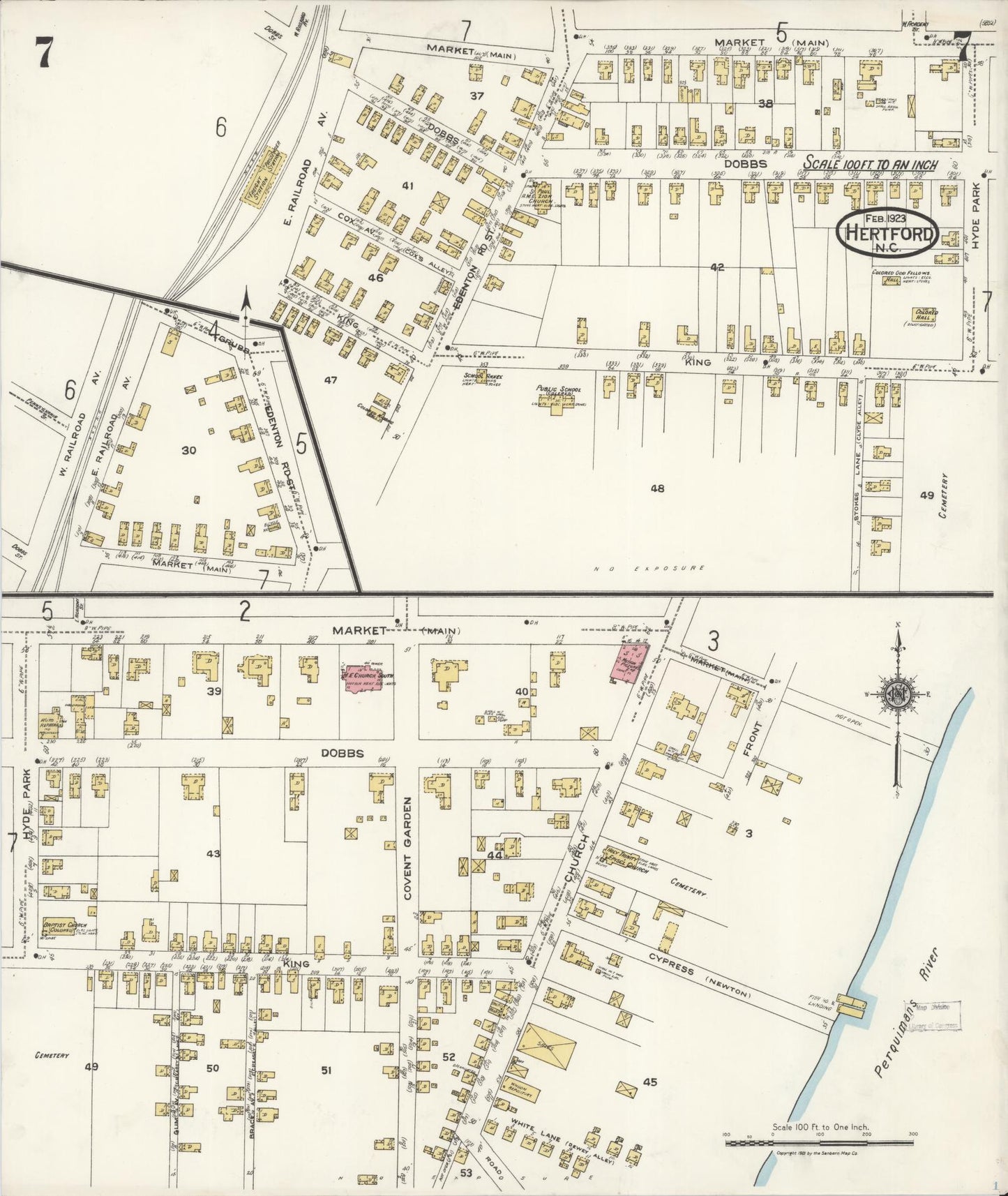 Sanborn Fire Insurance Map from Hertford, Perquimans County, North Carolina (1923), Sheet #0007 - Historic Sanborn Fire Insurance Map Print, vintage old map wall art, antique decor, genealogy gift, North Carolina North Carolina map