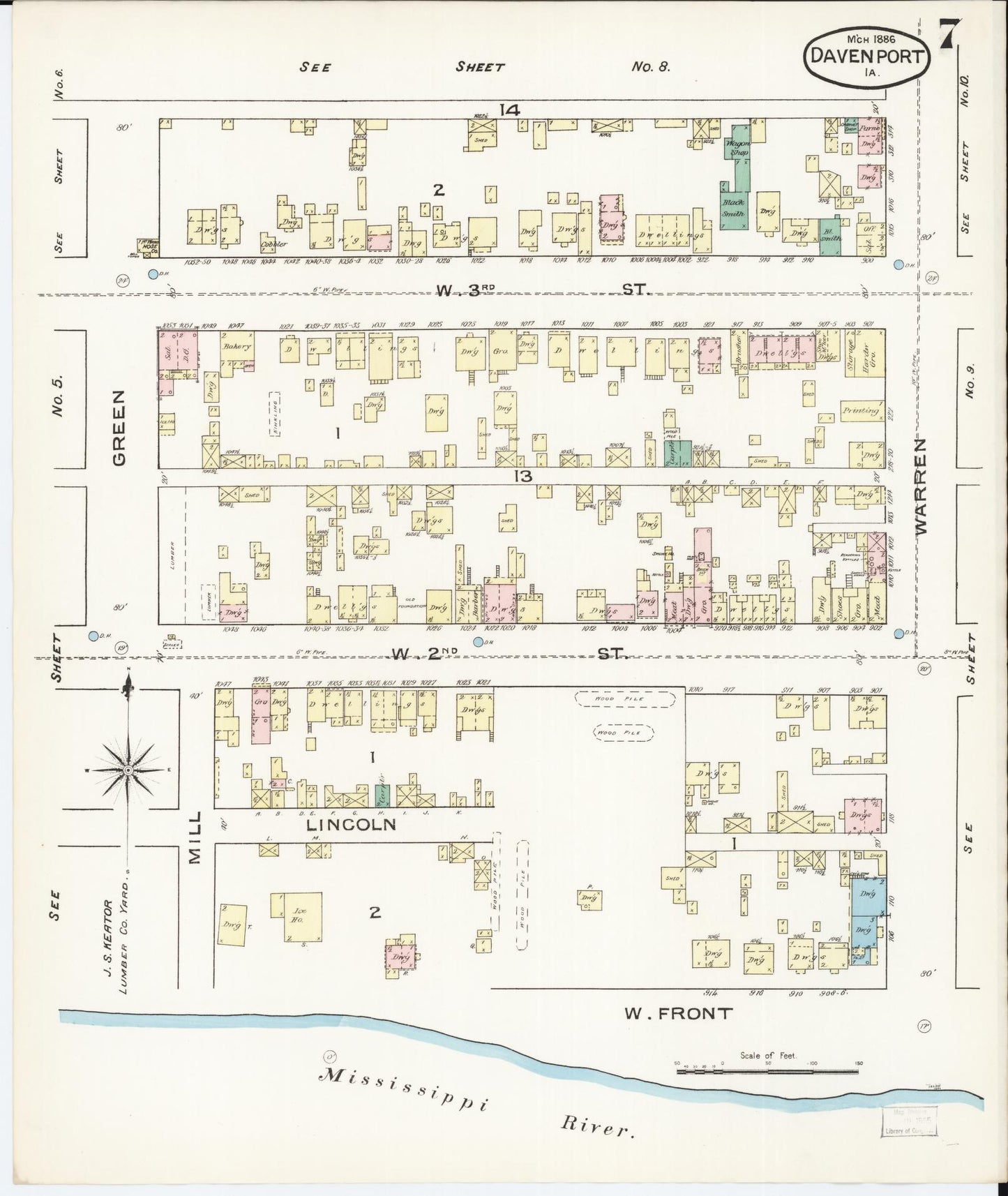 Sanborn Fire Insurance Map from Davenport, Scott County, Iowa (1886), Sheet #0007 - Historic Sanborn Fire Insurance Map Print, vintage old map wall art