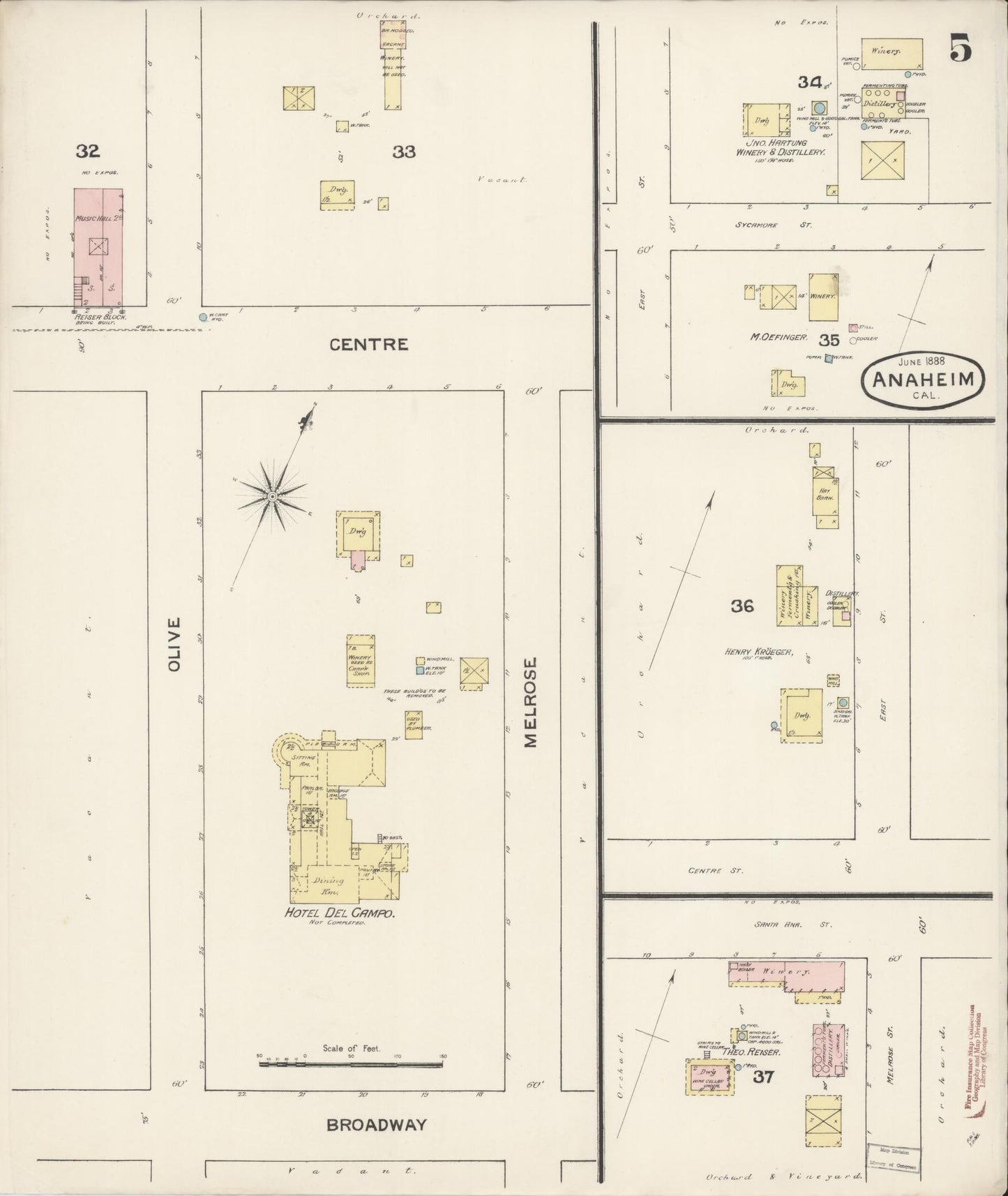 Sanborn Fire Insurance Map from Anaheim, Orange County, California (1888), Sheet #0005 - Historic Sanborn Fire Insurance Map Print, vintage old map wall art, antique decor, genealogy gift, California California map
