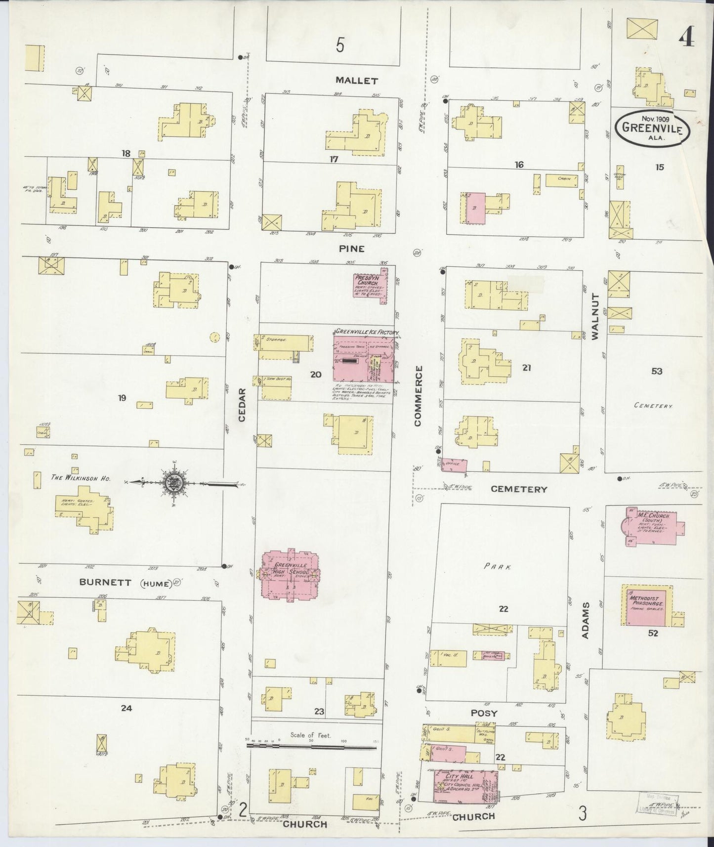 Sanborn Fire Insurance Map from Greenville, Butler County, Alabama (1909), Sheet #0004 - Historic Sanborn Fire Insurance Map Print, vintage old map wall art, antique decor, genealogy gift, Alabama Alabama map