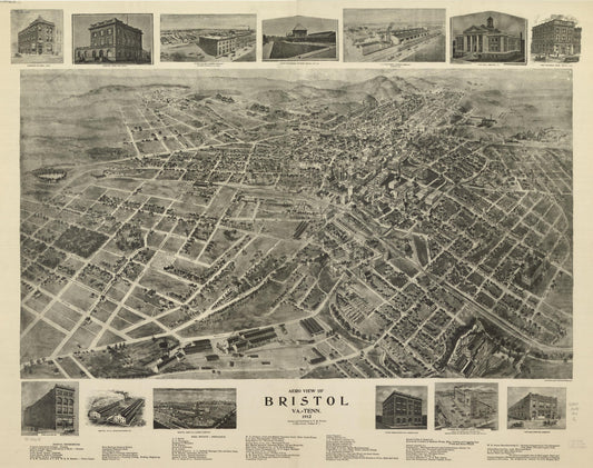 Aero view of Bristol, Va.=Tenn. 1912. (1912) – Historic Bird’s-Eye View Panorama Print