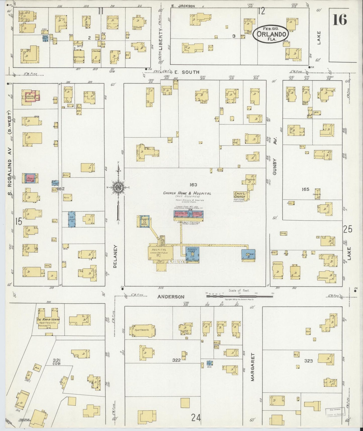 Sanborn Fire Insurance Map from Orlando, Orange County, Florida (1919), Sheet #0016 - Historic Sanborn Fire Insurance Map Print, vintage old map wall art, antique decor, genealogy gift, Florida Florida map