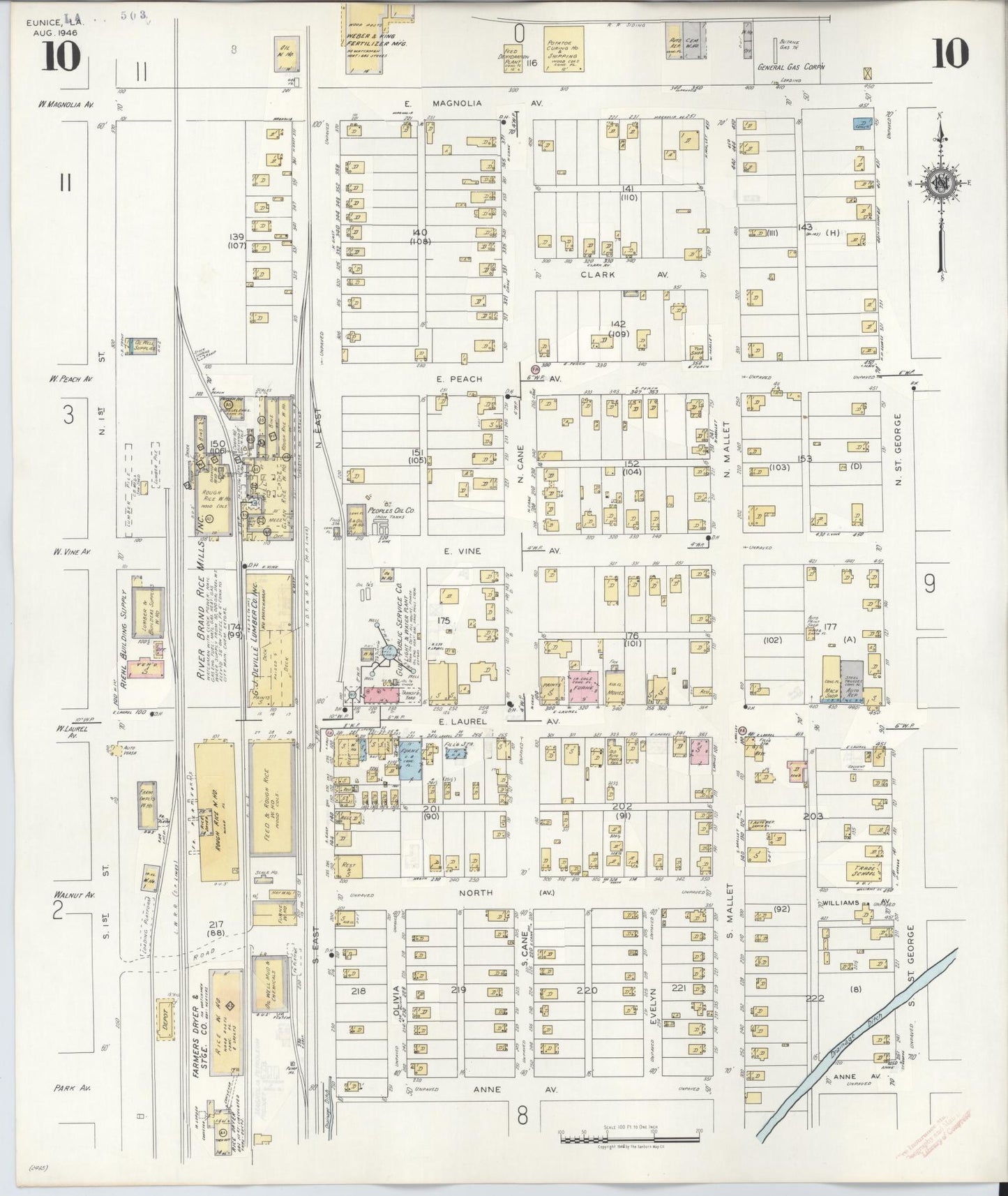 Sanborn Fire Insurance Map from Eunice, Saint Landry Parish, Louisiana (1950), Sheet #0010 - Historic Sanborn Fire Insurance Map Print, vintage old map wall art, antique decor, genealogy gift, Louisiana Louisiana map