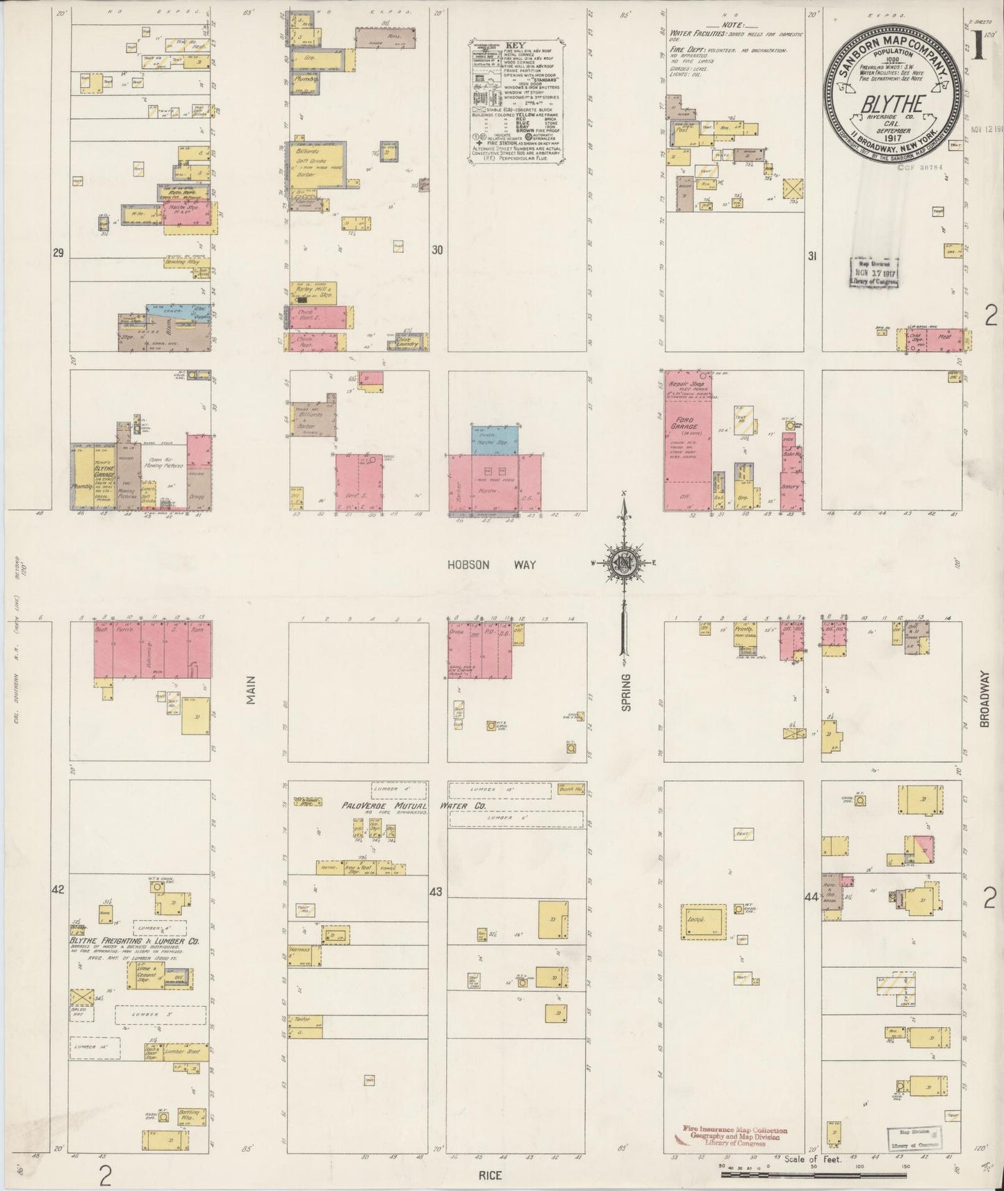 Sanborn Fire Insurance Map from Blythe, Riverside County, California (1917), Sheet #0001 - Historic Sanborn Fire Insurance Map Print, vintage old map wall art, antique decor, genealogy gift, California California map