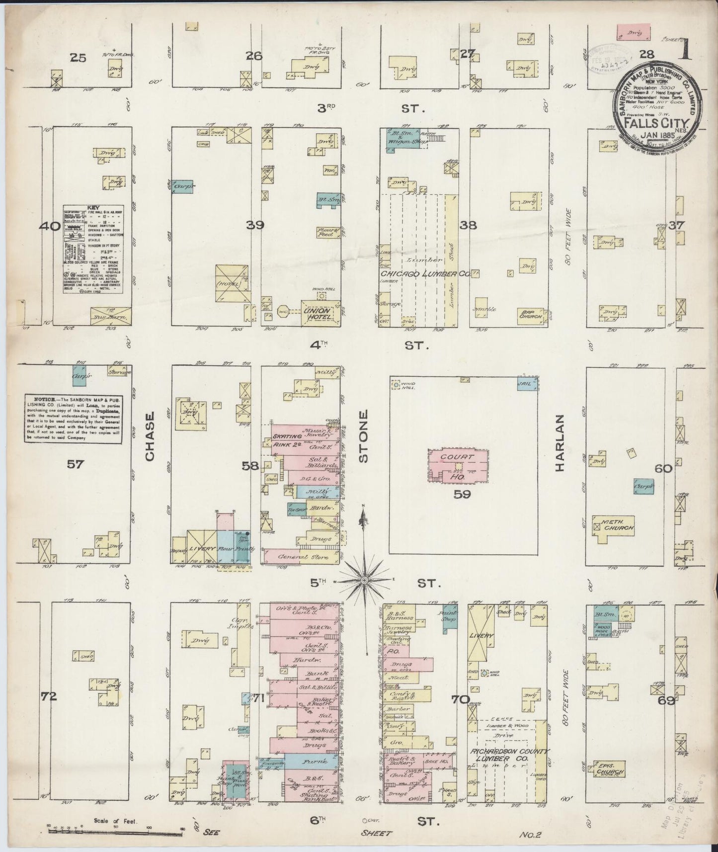 Sanborn Fire Insurance Map from Falls City, Richardson County, Nebraska (1885), Sheet #0001 - Historic Sanborn Fire Insurance Map Print, vintage old map wall art, antique decor, genealogy gift, Nebraska Nebraska map