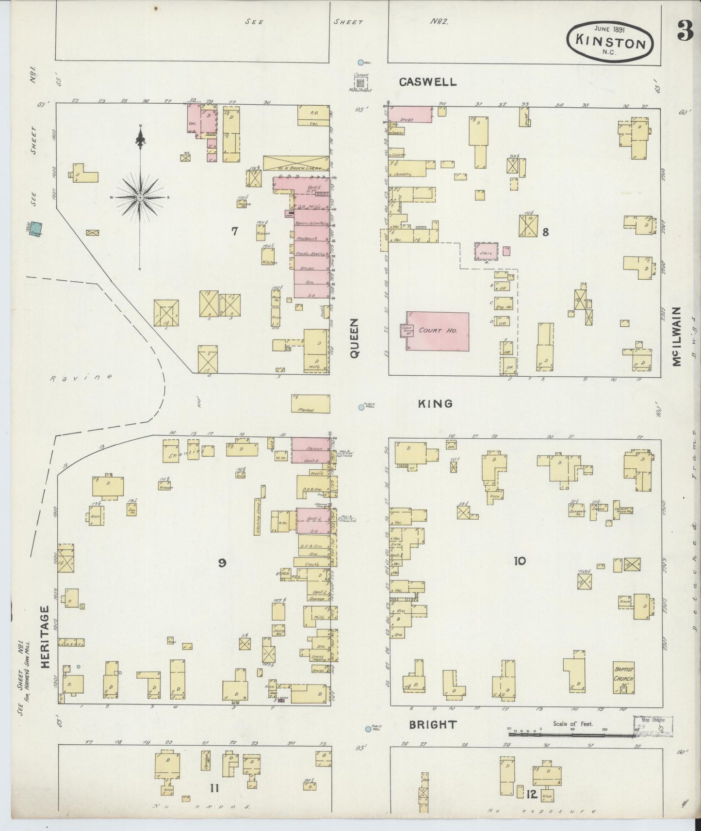 Sanborn Fire Insurance Map from Kinston, Lenoir County, North Carolina (1891), Sheet #0003 - Historic Sanborn Fire Insurance Map Print, vintage old map wall art, antique decor, genealogy gift, North Carolina North Carolina map