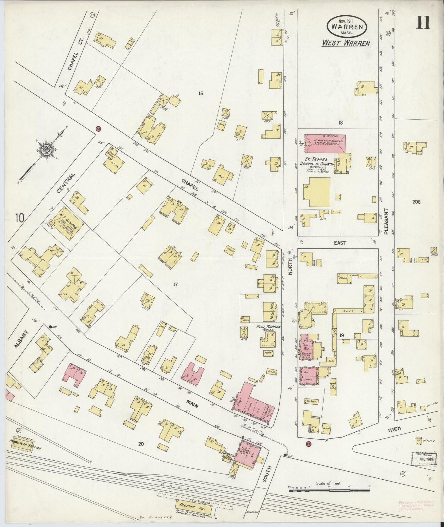Sanborn Fire Insurance Map from Warren, Worcester County, Massachusetts (1911), Sheet #0011 - Complete Map Set gallery image, historic Sanborn map, vintage wall art, Massachusetts Massachusetts