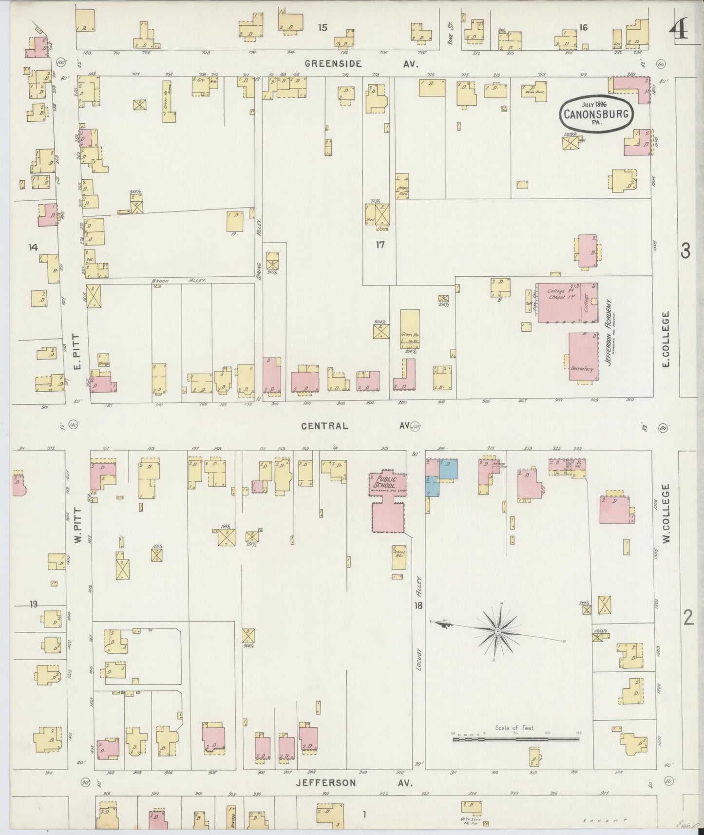 Sanborn Fire Insurance Map from Canonsburg, Washington County, Pennsylvania (1896), Sheet #0004 - Historic Sanborn Fire Insurance Map Print, vintage old map wall art, antique decor, genealogy gift, Pennsylvania Pennsylvania map