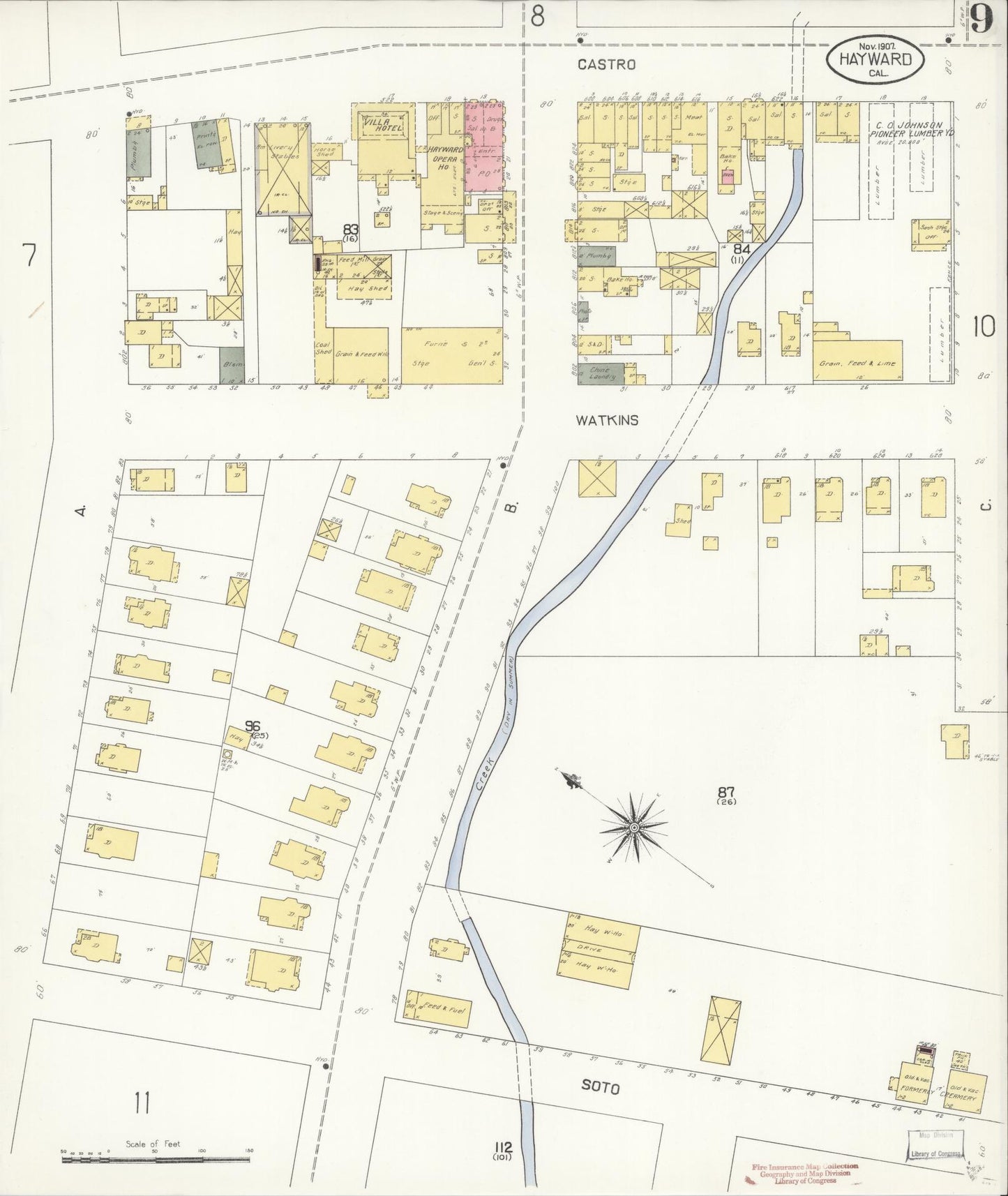 Sanborn Fire Insurance Map from Hayward, Alameda County, California (1907), Sheet #0009 - Historic Sanborn Fire Insurance Map Print, vintage old map wall art, antique decor, genealogy gift, California California map