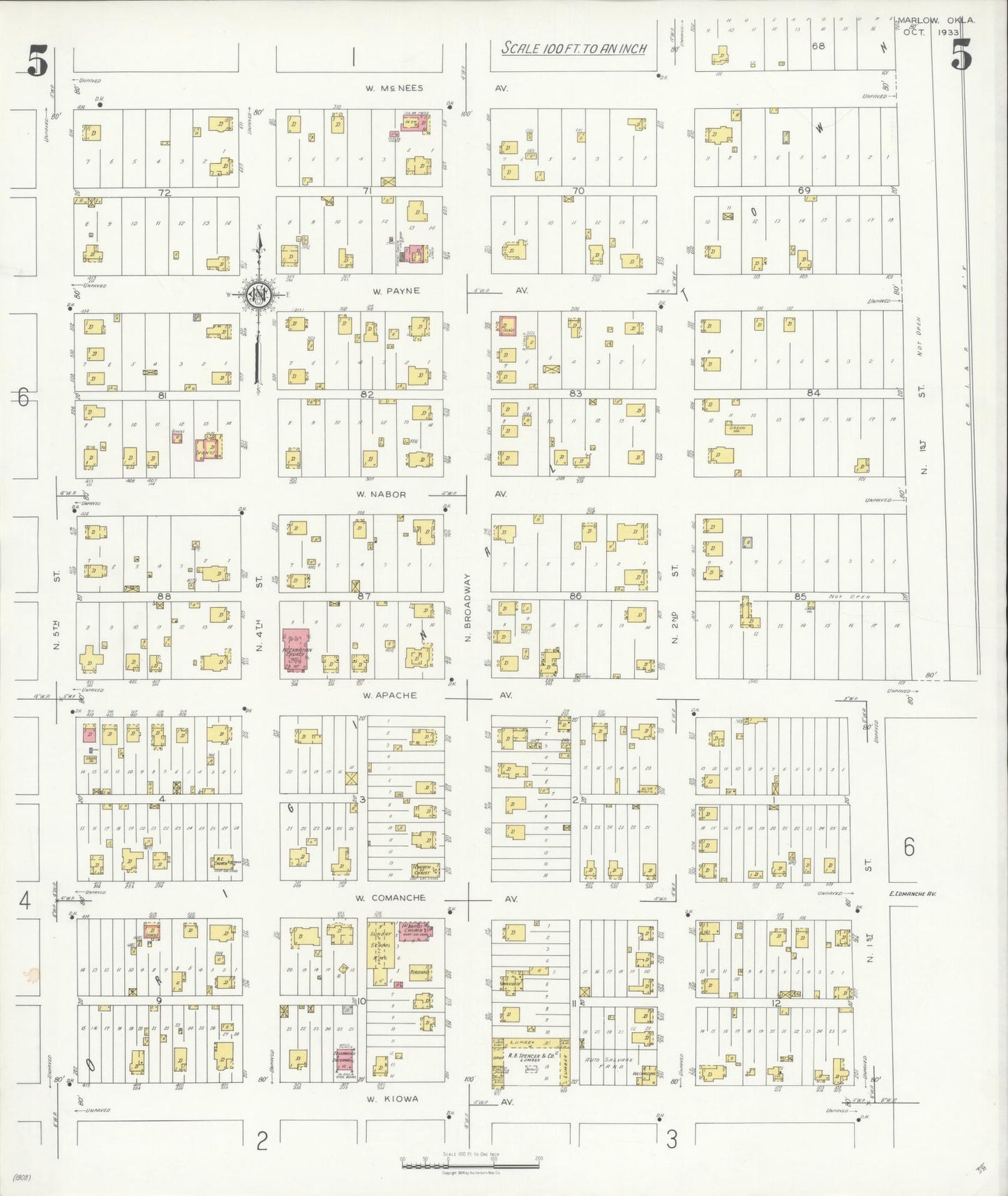 Sanborn Fire Insurance Map from Marlow, Stephens County, Oklahoma (1933), Sheet #0005 - Historic Sanborn Fire Insurance Map Print, vintage old map wall art, antique decor, genealogy gift, Oklahoma Oklahoma map