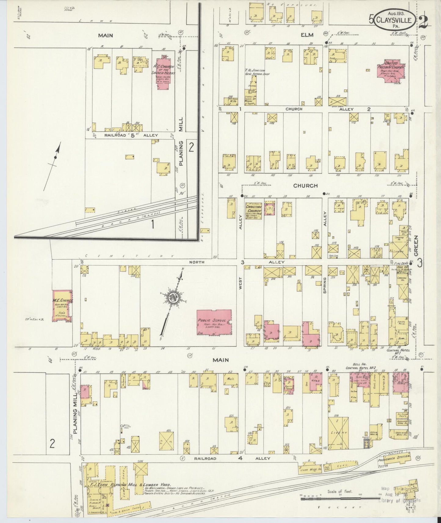Sanborn Fire Insurance Map from Claysville, Washington County, Pennsylvania (1913), Sheet #0002 - Historic Sanborn Fire Insurance Map Print, vintage old map wall art, antique decor, genealogy gift, Pennsylvania Pennsylvania map