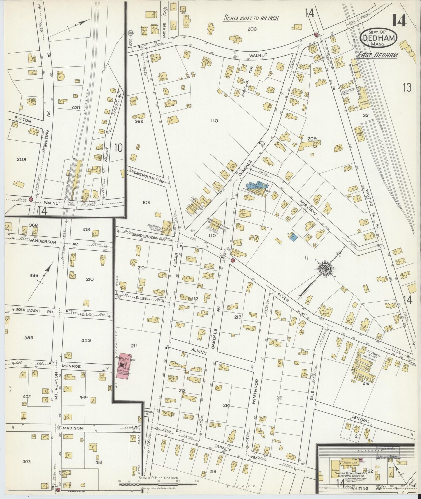 Sanborn Fire Insurance Map from Dedham, Norfolk County, Massachusetts (1917), Sheet #0014 - Historic Sanborn Fire Insurance Map Print, vintage old map wall art, antique decor, genealogy gift, Massachusetts Massachusetts map