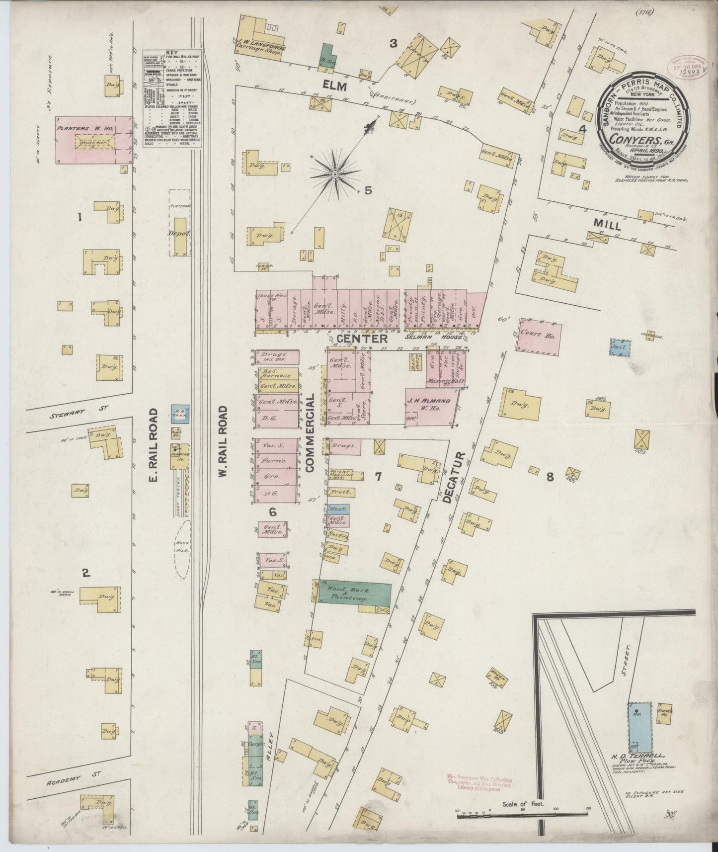 Sanborn Fire Insurance Map from Conyers, Rockdale County, Georgia (1890), Sheet #0001 - Historic Sanborn Fire Insurance Map Print, vintage old map wall art, antique decor, genealogy gift, Georgia Georgia map