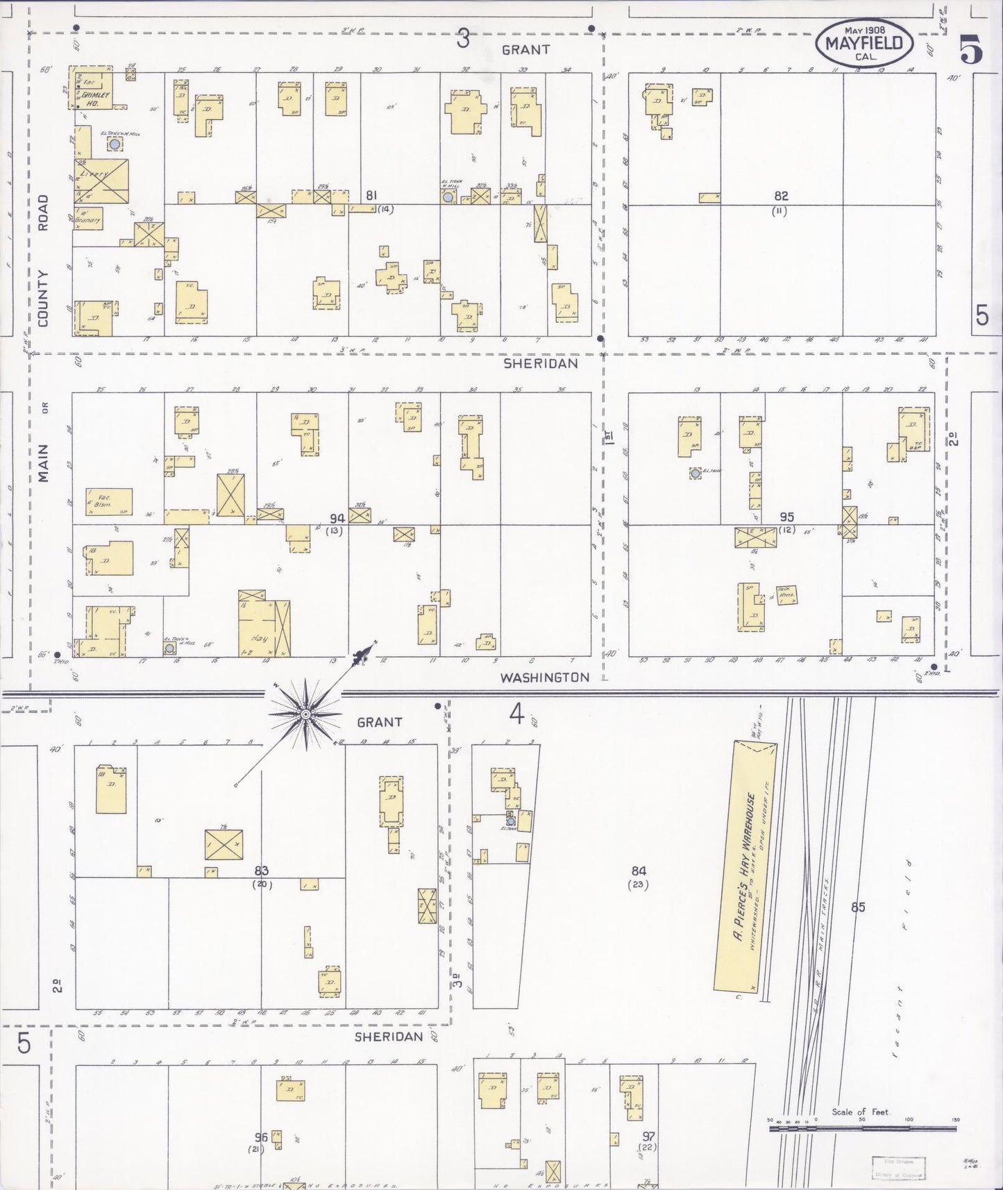 Sanborn Fire Insurance Map from Mayfield, Santa Clara County, California (1908), Sheet #0005 - Historic Sanborn Fire Insurance Map Print, vintage old map wall art, antique decor, genealogy gift, California California map