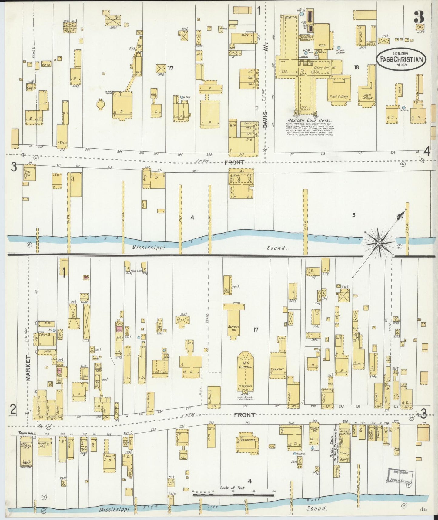 Sanborn Fire Insurance Map from Pass Christian, Harrison County, Mississippi (1904), Sheet #0003 - Historic Sanborn Fire Insurance Map Print, vintage old map wall art, antique decor, genealogy gift, Mississippi Mississippi map