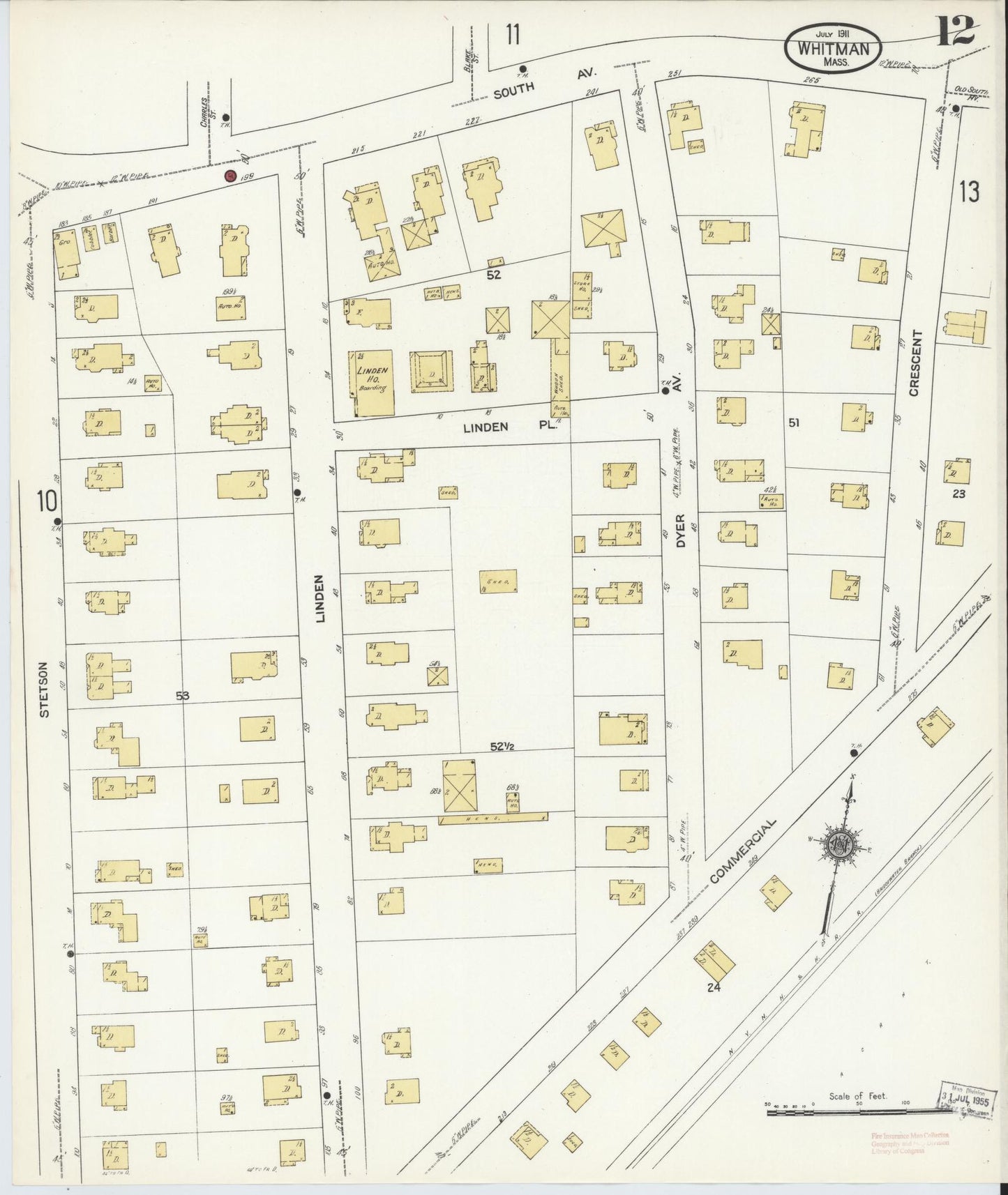 Sanborn Fire Insurance Map from Whitman, Plymouth County, Massachusetts (1911), Sheet #0012 - Historic Sanborn Fire Insurance Map Print, vintage old map wall art, antique decor, genealogy gift, Massachusetts Massachusetts map
