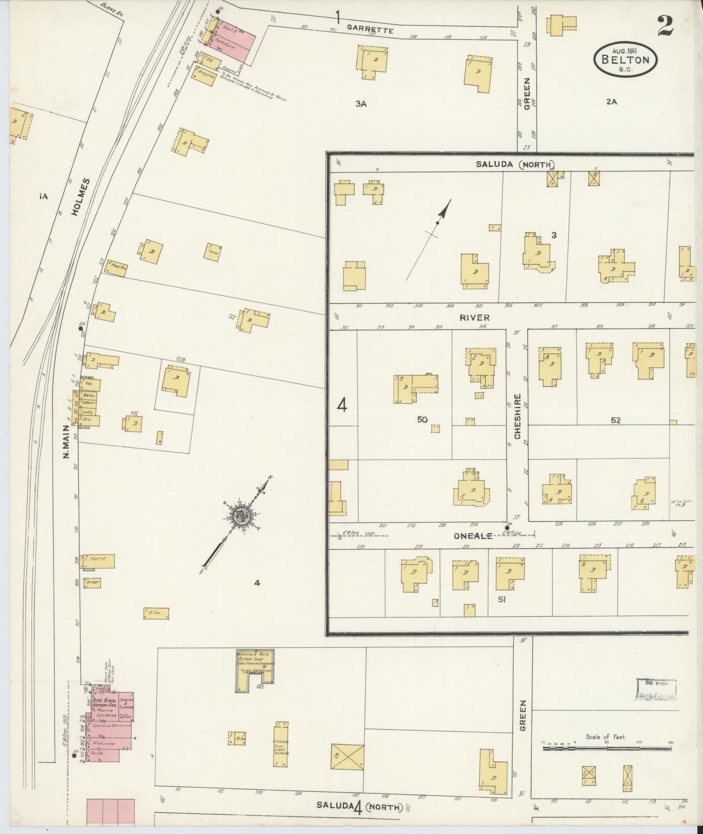 Sanborn Fire Insurance Map from Belton, Anderson County, South Carolina (1911), Sheet #0002 - Historic Sanborn Fire Insurance Map Print, vintage old map wall art, antique decor, genealogy gift, South Carolina South Carolina map
