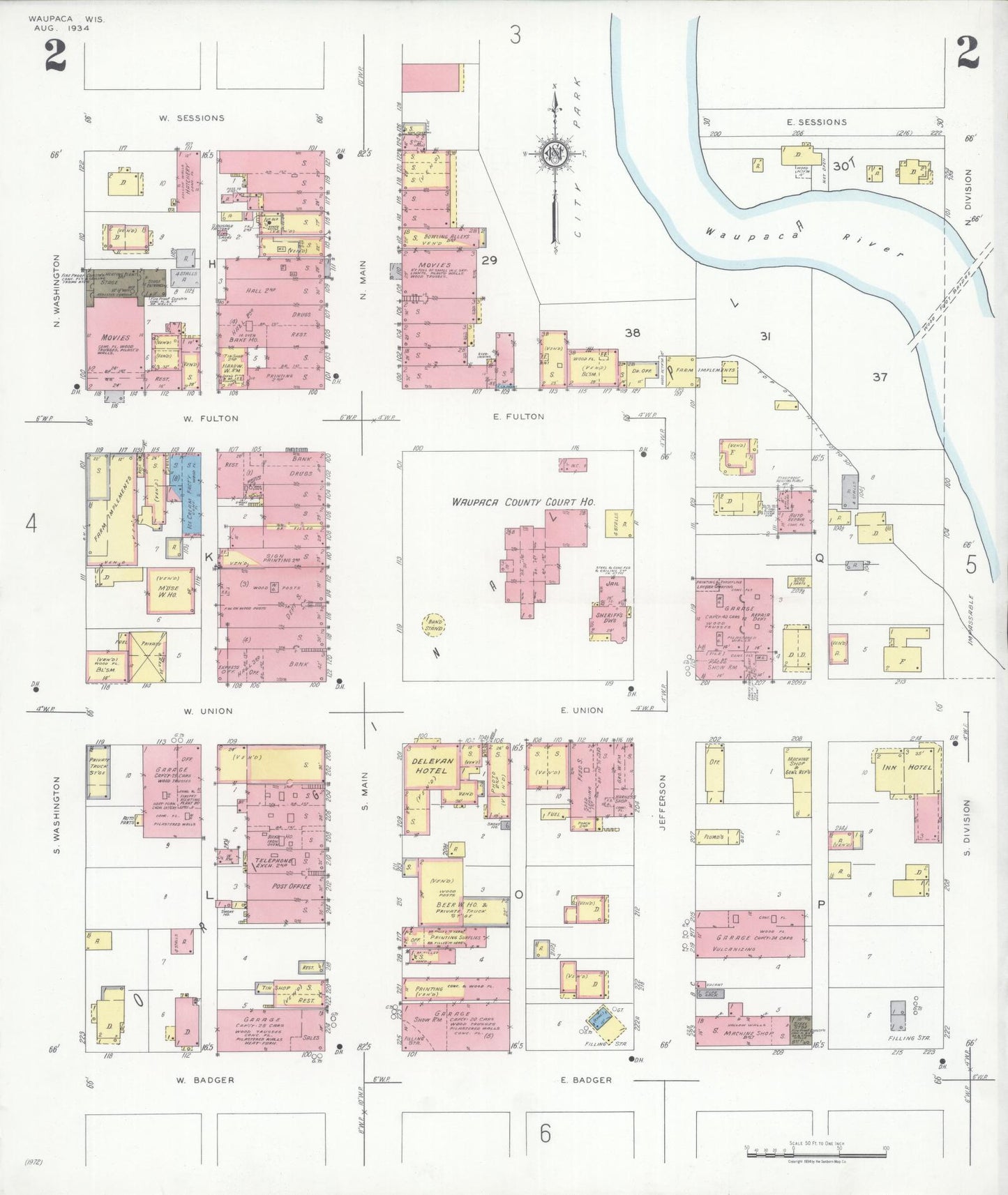 Sanborn Fire Insurance Map from Waupaca, Waupaca County, Wisconsin (1934), Sheet #0002 - Historic Sanborn Fire Insurance Map Print, vintage old map wall art, antique decor, genealogy gift, Wisconsin Wisconsin map