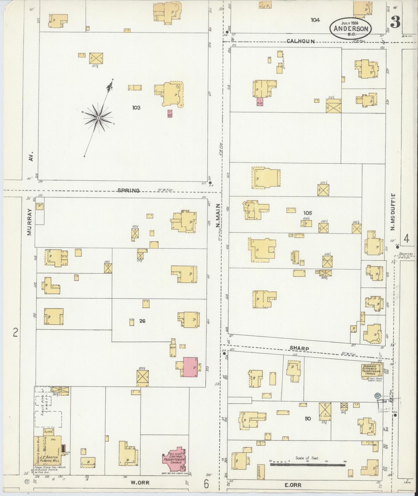 Sanborn Fire Insurance Map from Anderson, Anderson County, South Carolina (1906), Sheet #0003 - Historic Sanborn Fire Insurance Map Print, vintage old map wall art, antique decor, genealogy gift, South Carolina South Carolina map