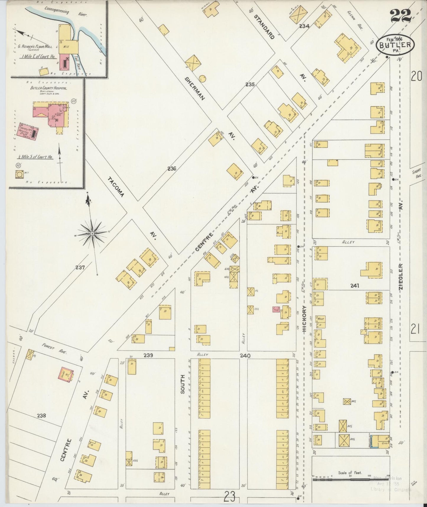 Sanborn Fire Insurance Map from Butler, Butler County, Pennsylvania (1906), Sheet #0022 - Historic Sanborn Fire Insurance Map Print, vintage old map wall art, antique decor, genealogy gift, Pennsylvania Pennsylvania map