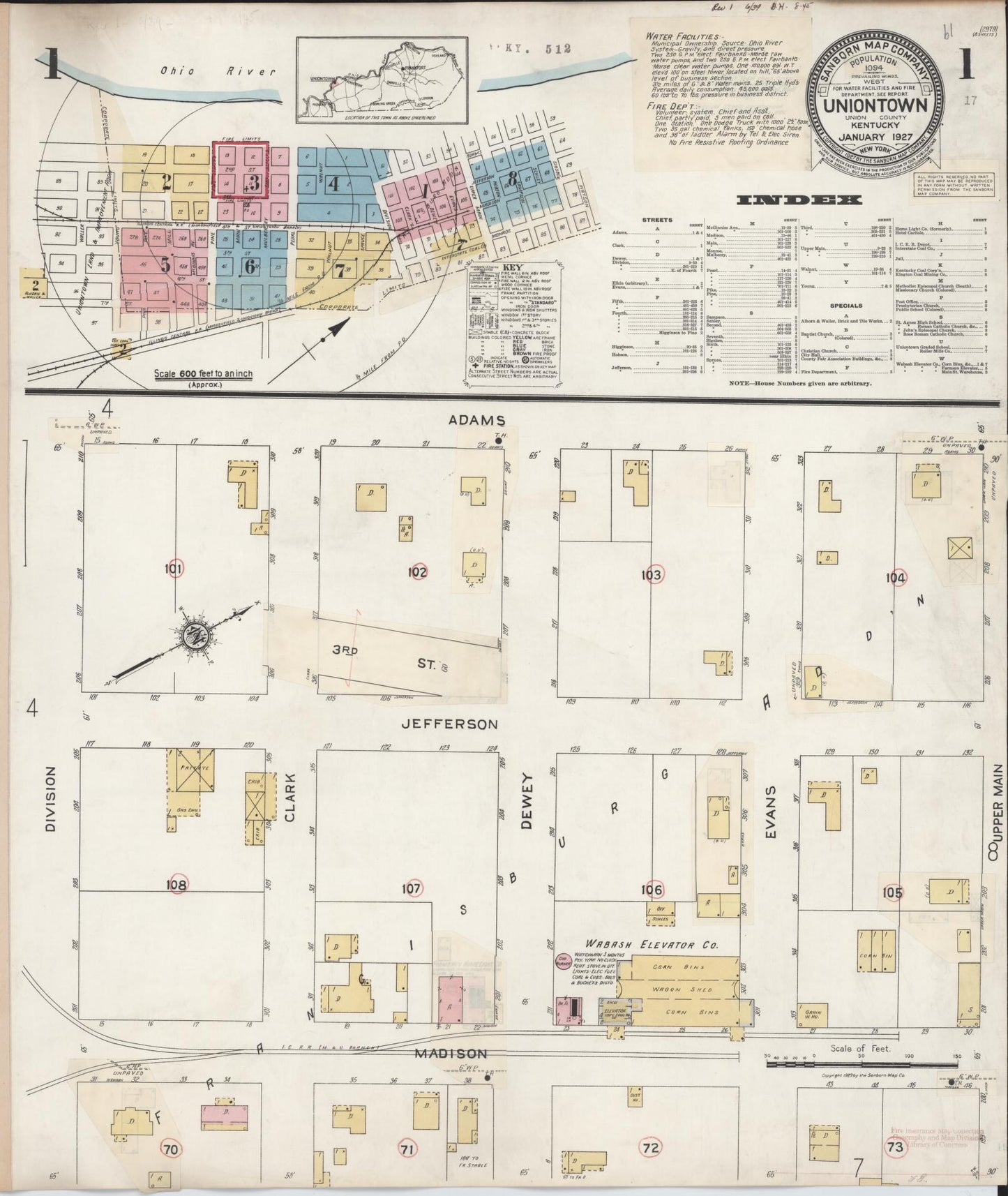Sanborn Fire Insurance Map from Uniontown, Union County, Kentucky (1939), Sheet #0001 - Historic Sanborn Fire Insurance Map Print, vintage old map wall art, antique decor, genealogy gift, Kentucky Kentucky map