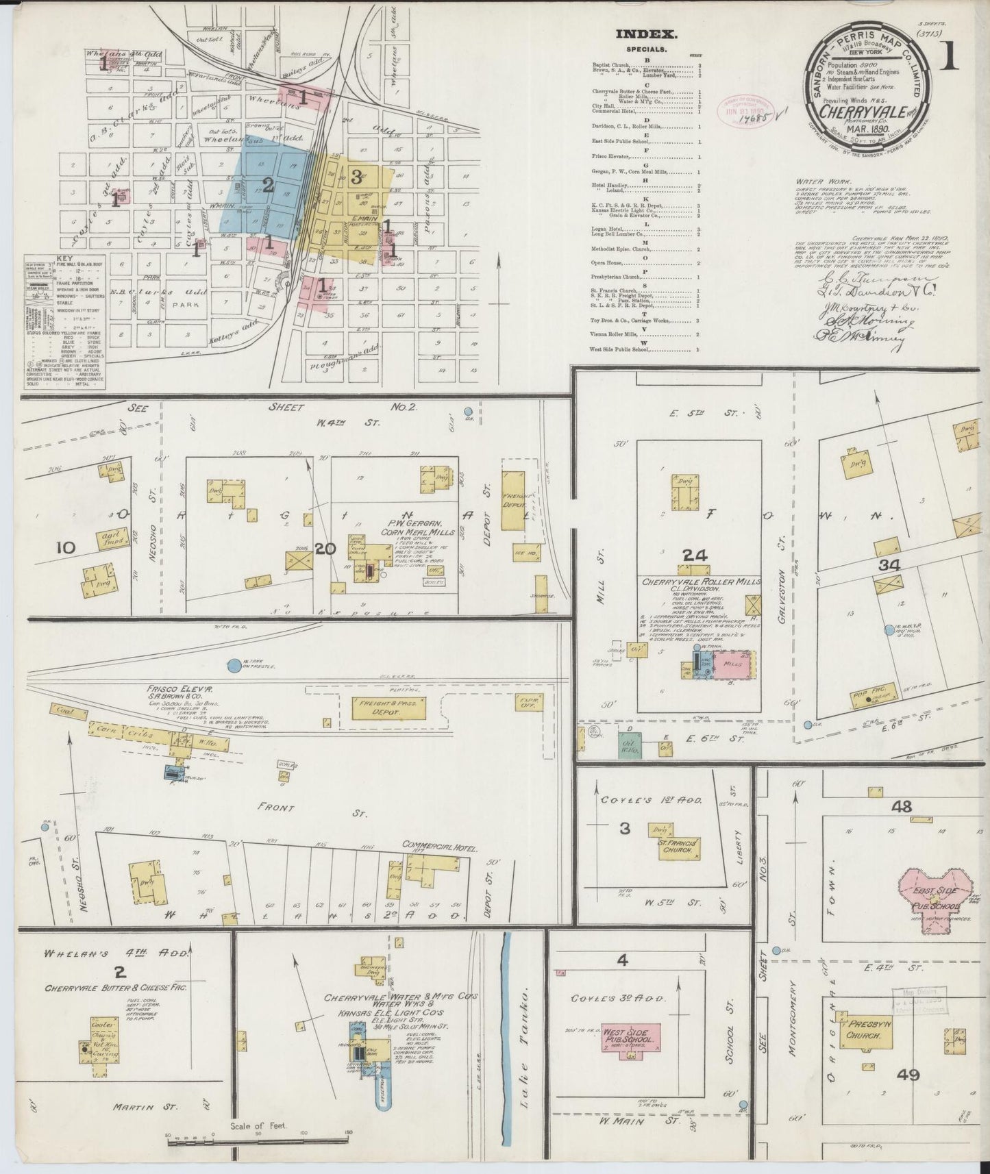 Sanborn Fire Insurance Map from Cherryvale, Montgomery County, Kansas (1890), Sheet #0001 - Historic Sanborn Fire Insurance Map Print, vintage old map wall art, antique decor, genealogy gift, Kansas Kansas map