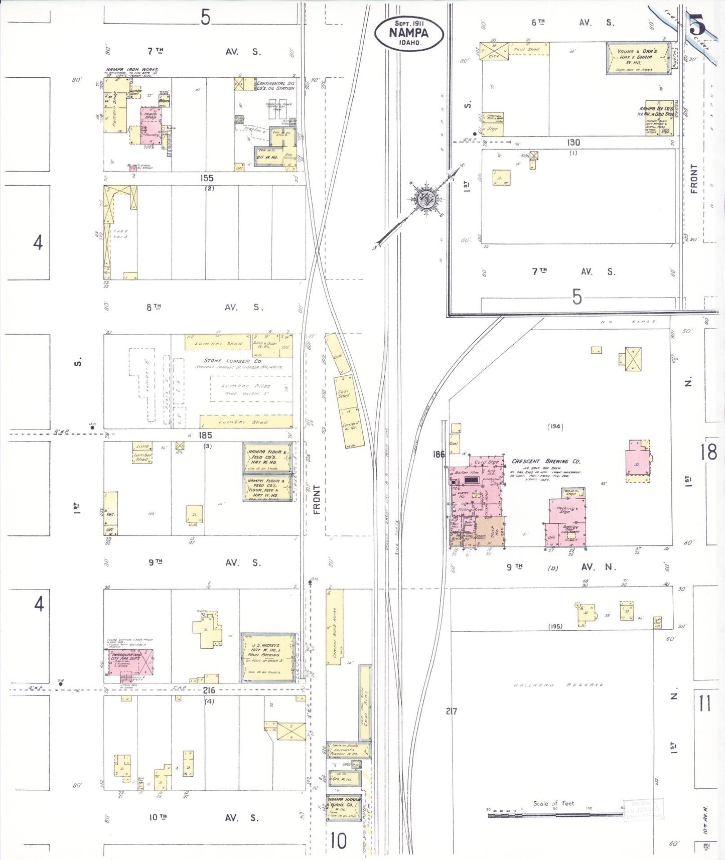 Sanborn Fire Insurance Map from Nampa, Canyon County, Idaho (1911), Sheet #0005 - Historic Sanborn Fire Insurance Map Print, vintage old map wall art, antique decor, genealogy gift, Idaho Idaho map