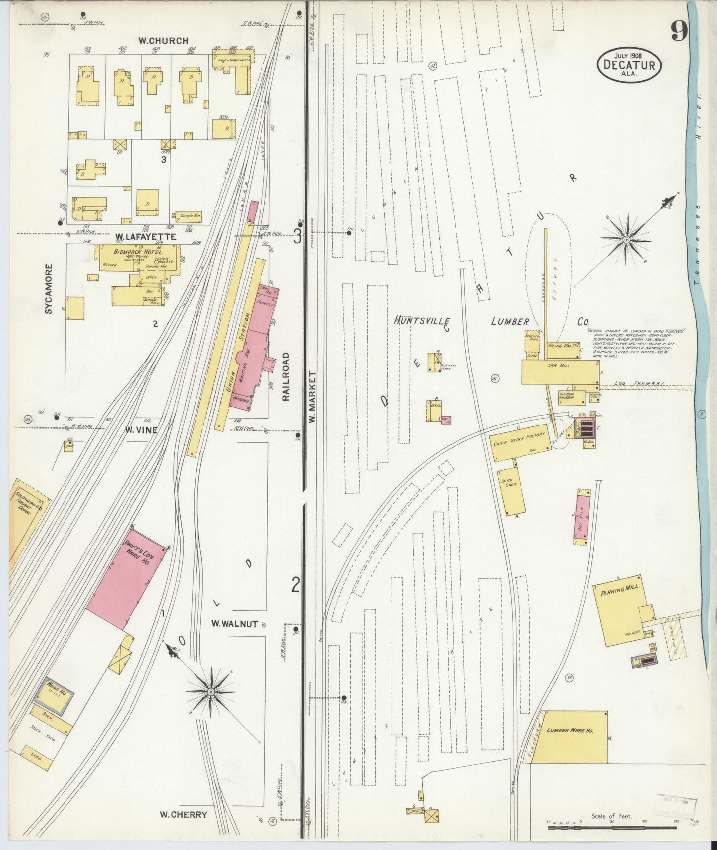 Sanborn Fire Insurance Map from Decatur, Morgan County, Alabama (1908), Sheet #0009 - Historic Sanborn Fire Insurance Map Print, vintage old map wall art, antique decor, genealogy gift, Alabama Alabama map