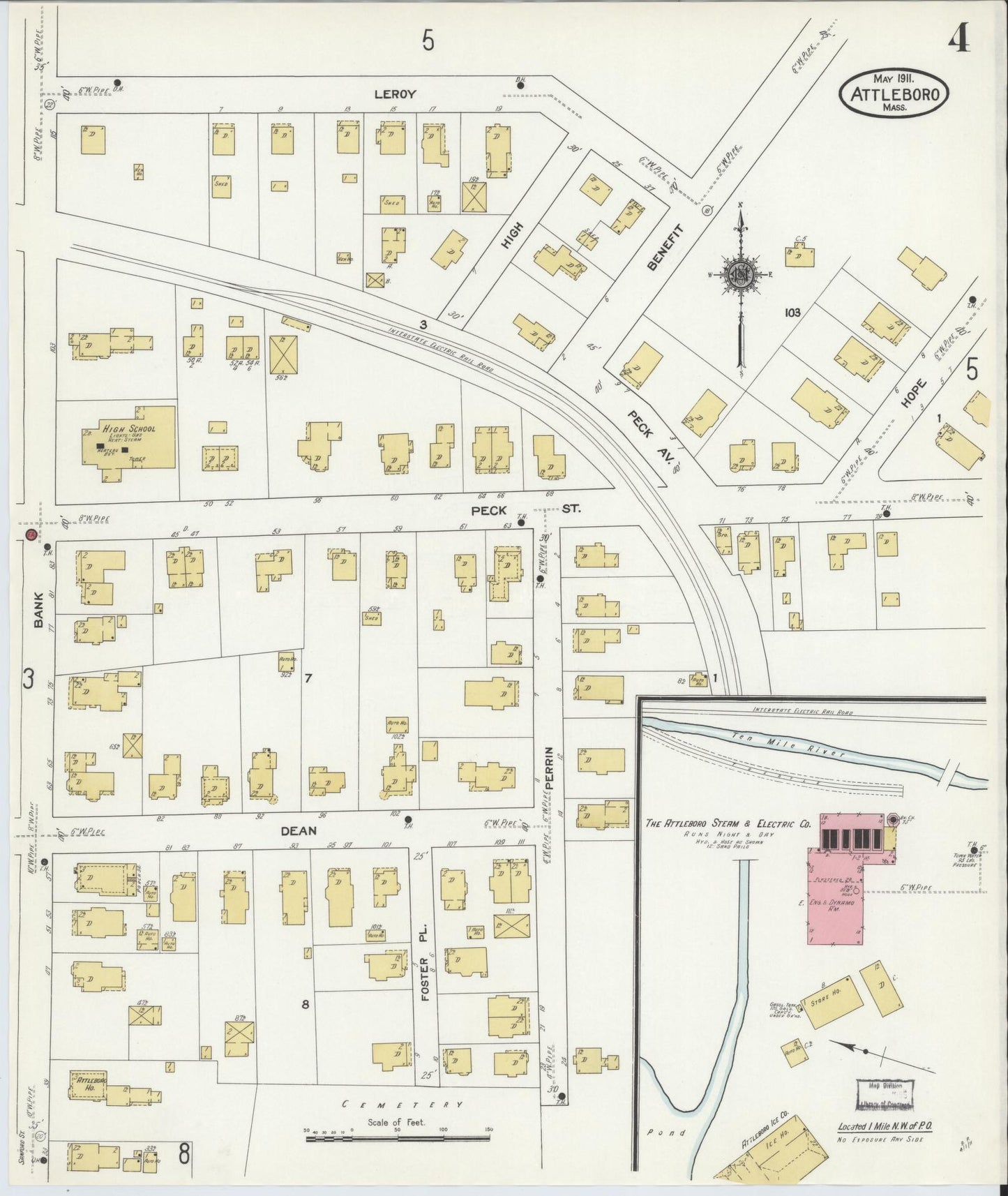 Sanborn Fire Insurance Map from Attleboro, Bristol County, Massachusetts (1911), Sheet #0004 - Historic Sanborn Fire Insurance Map Print, vintage old map wall art, antique decor, genealogy gift, Massachusetts Massachusetts map