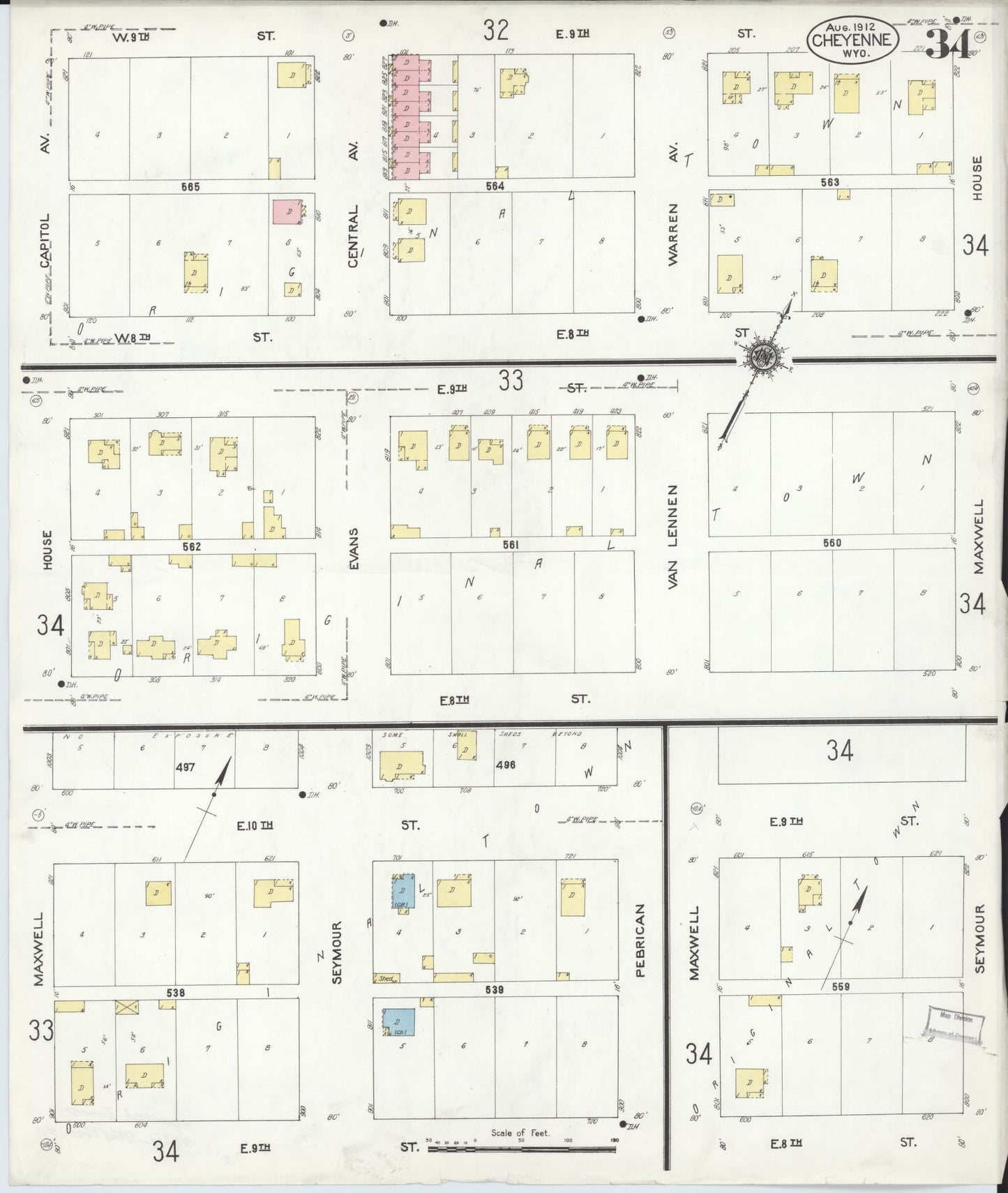 Sanborn Fire Insurance Map from Cheyenne, Laramie County, Wyoming (1912), Sheet #0034 - Complete Map Set gallery image, historic Sanborn map, vintage wall art, Wyoming Wyoming