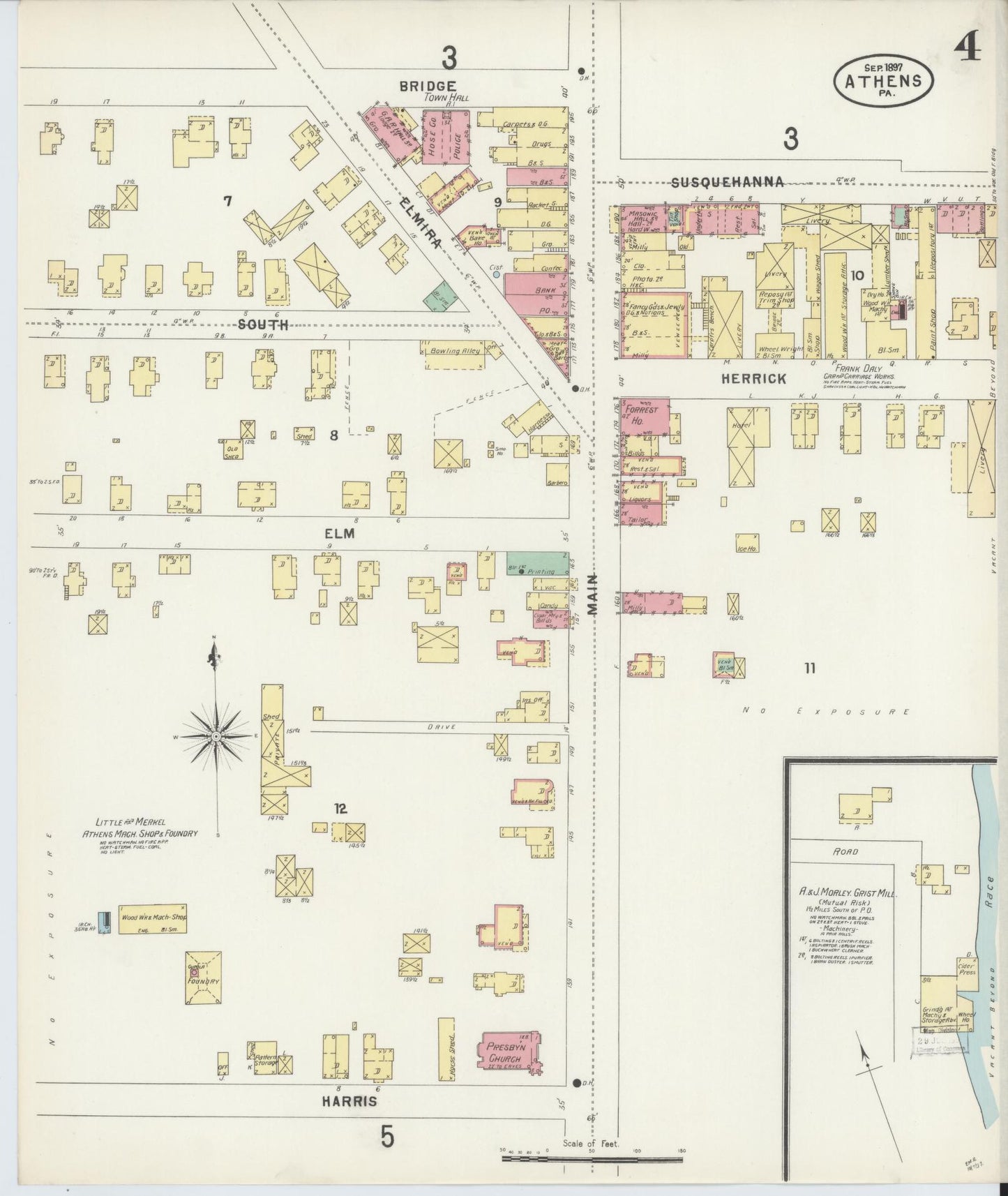 Sanborn Fire Insurance Map from Athens, Bradford County, Pennsylvania (1897), Sheet #0004 - Historic Sanborn Fire Insurance Map Print, vintage old map wall art, antique decor, genealogy gift, Pennsylvania Pennsylvania map