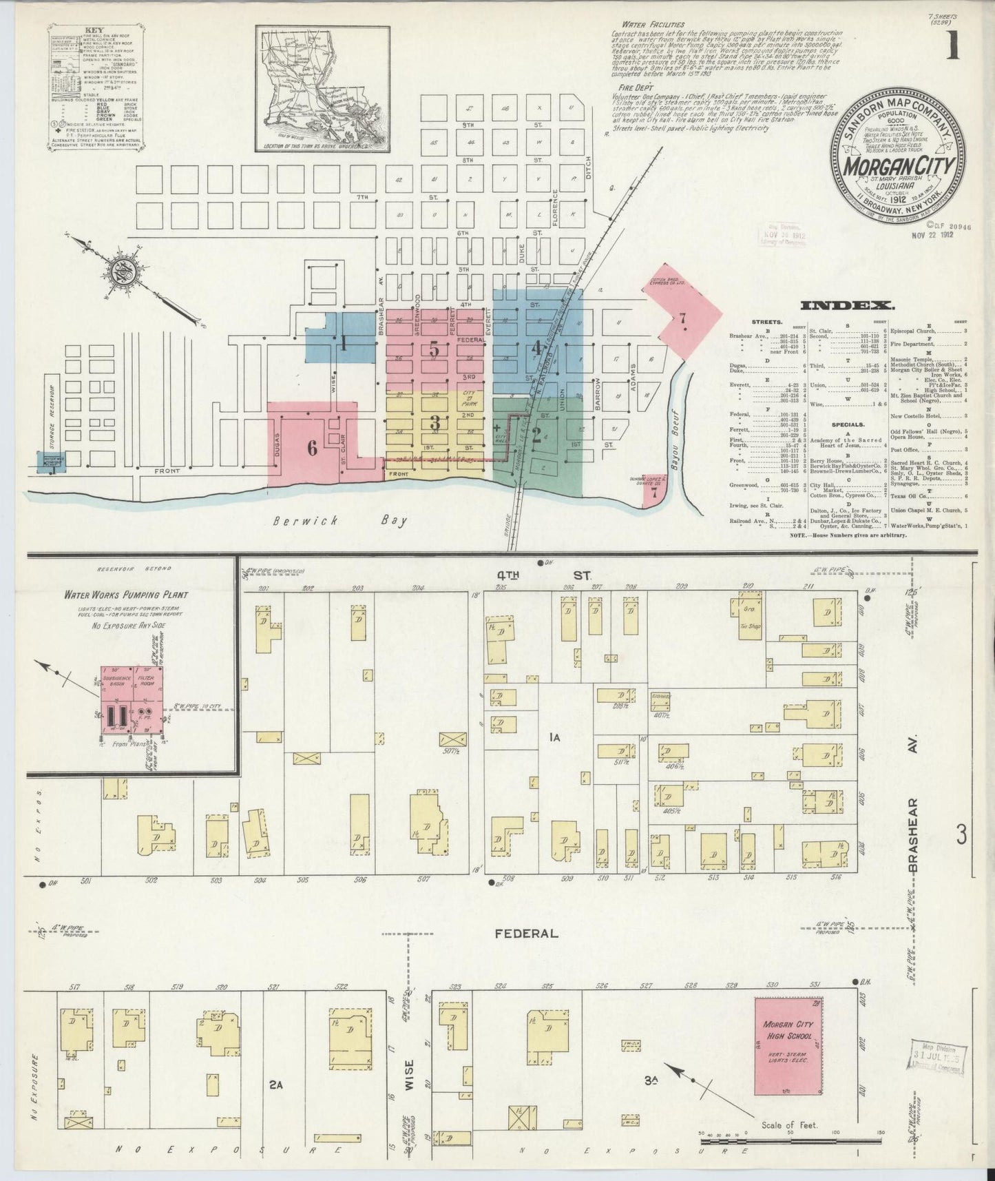 Sanborn Fire Insurance Map from Morgan City, Saint Mary Parish, Louisiana (1912), Sheet #0001 - Historic Sanborn Fire Insurance Map Print, vintage old map wall art, antique decor, genealogy gift, Louisiana Louisiana map