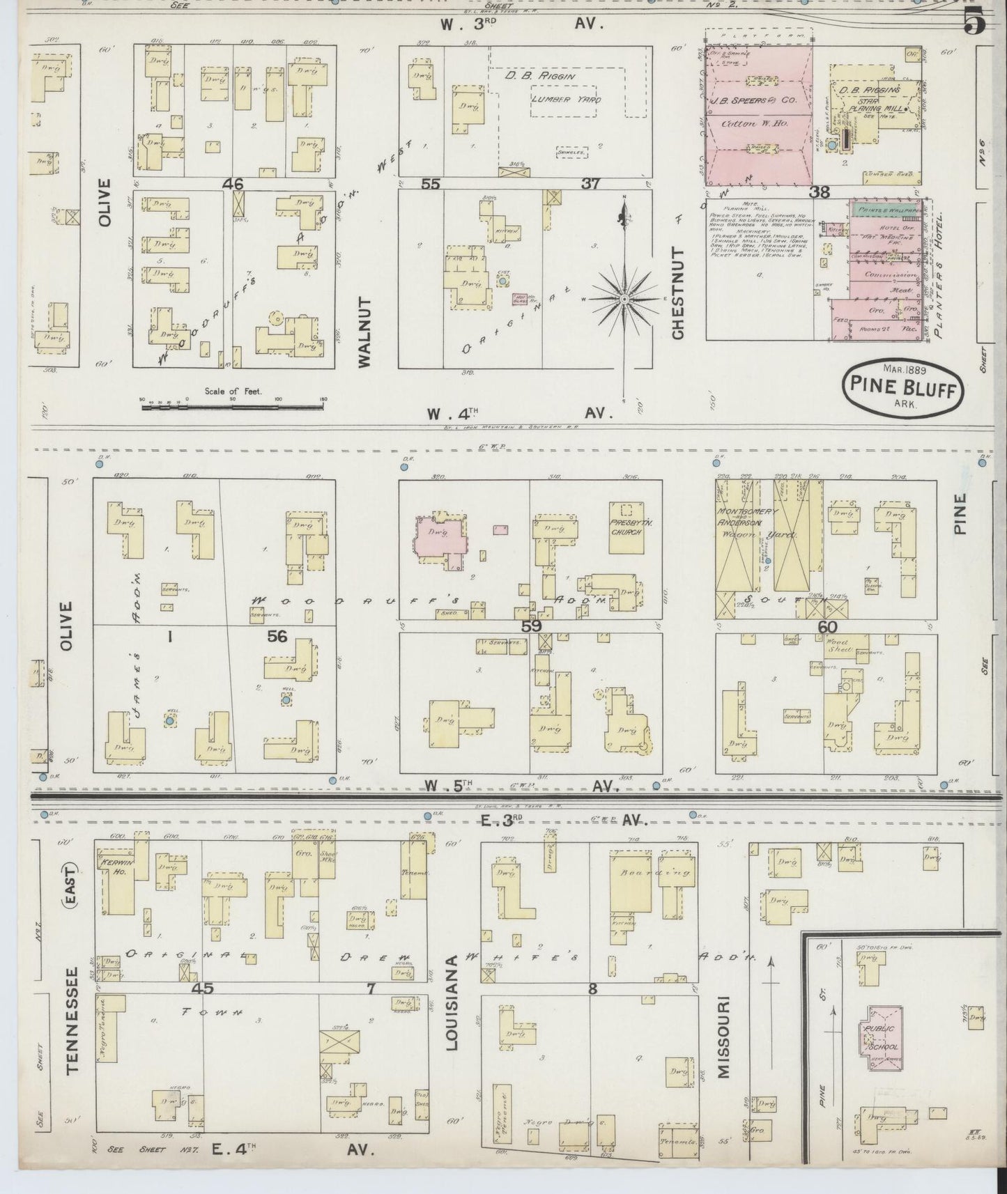 Sanborn Fire Insurance Map from Pine Bluff, Jefferson County, Arkansas (1889), Sheet #0005 - Historic Sanborn Fire Insurance Map Print, vintage old map wall art, antique decor, genealogy gift, Arkansas Arkansas map