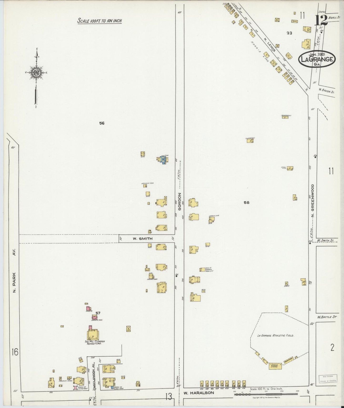 Sanborn Fire Insurance Map from La Grange, Troup County, Georgia (1921), Sheet #0012 - Historic Sanborn Fire Insurance Map Print, vintage old map wall art, antique decor, genealogy gift, Georgia Georgia map