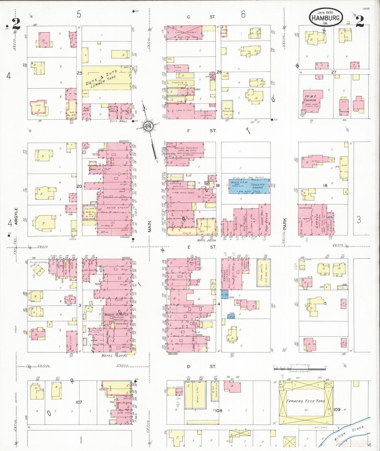 Sanborn Fire Insurance Map from Hamburg, Fremont County, Iowa (1930), Sheet #0002 - Historic Sanborn Fire Insurance Map Print, vintage old map wall art