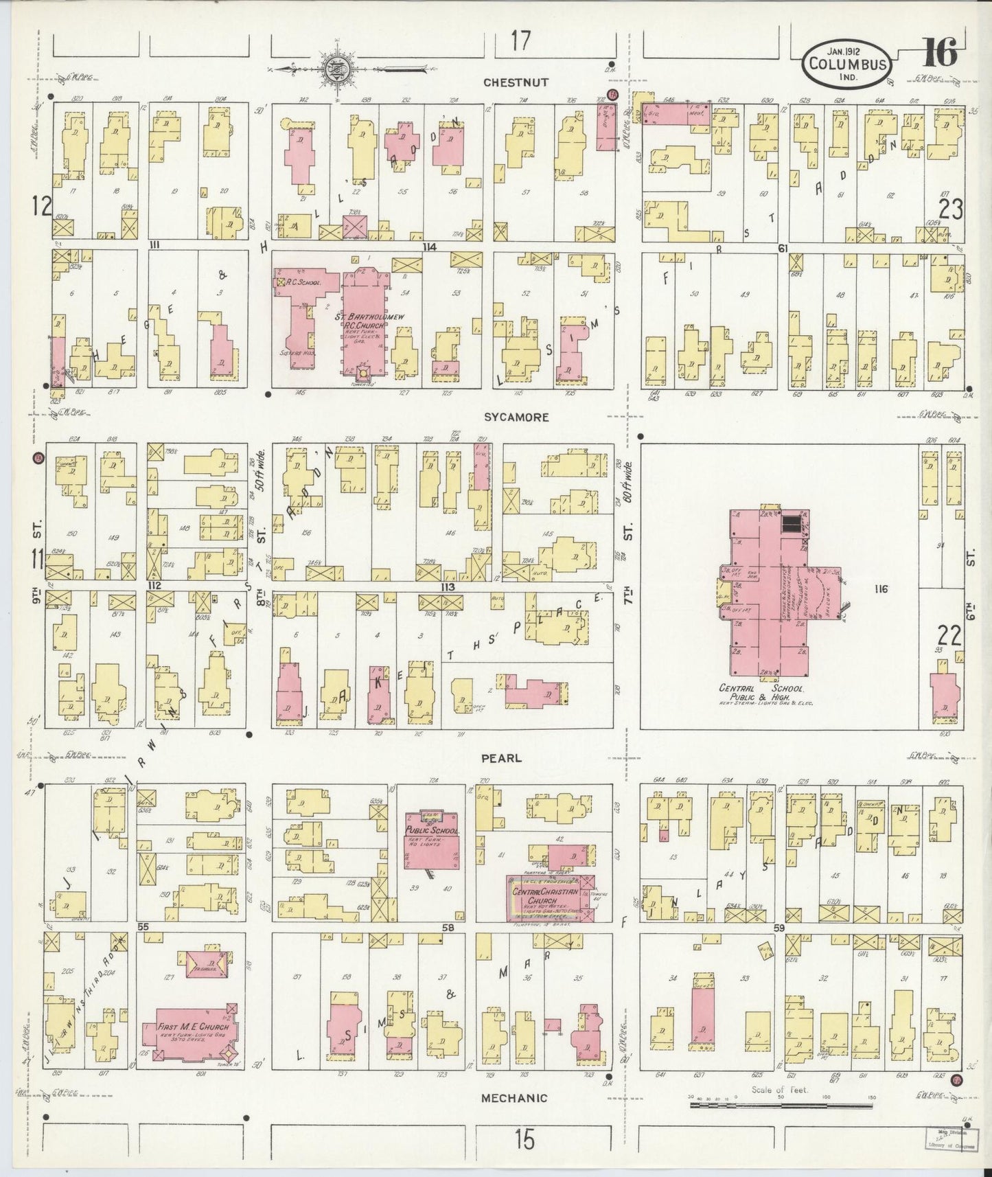 Sanborn Fire Insurance Map from Columbus, Bartholomew County, Indiana (1912), Sheet #0016 - Historic Sanborn Fire Insurance Map Print, vintage old map wall art, antique decor, genealogy gift, Indiana Indiana map