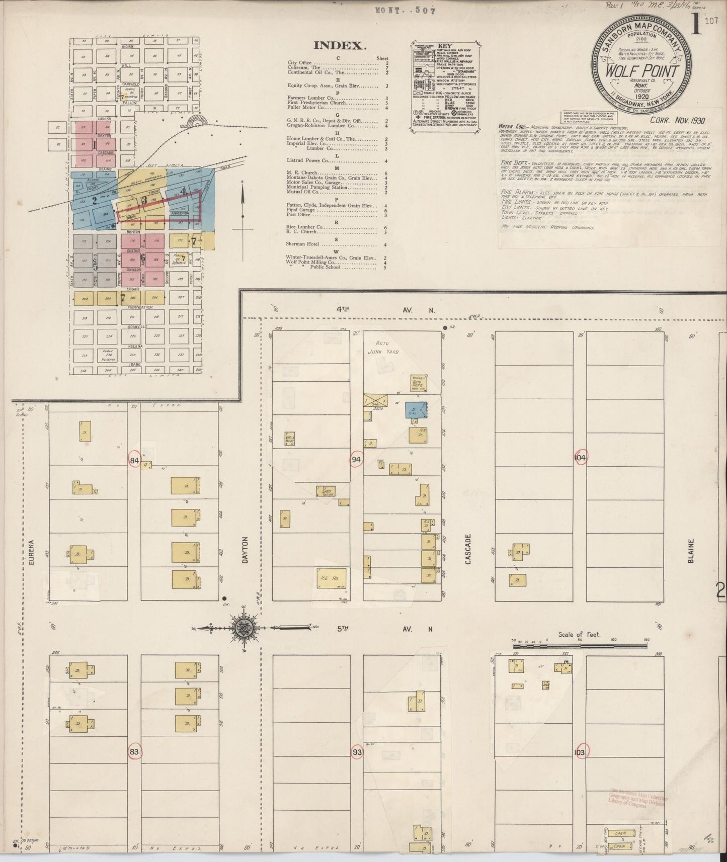 Sanborn Fire Insurance Map from Wolf Point, Roosevelt County, Montana (1930), Sheet #0001 - Historic Sanborn Fire Insurance Map Print, vintage old map wall art, antique decor, genealogy gift, Montana Montana map