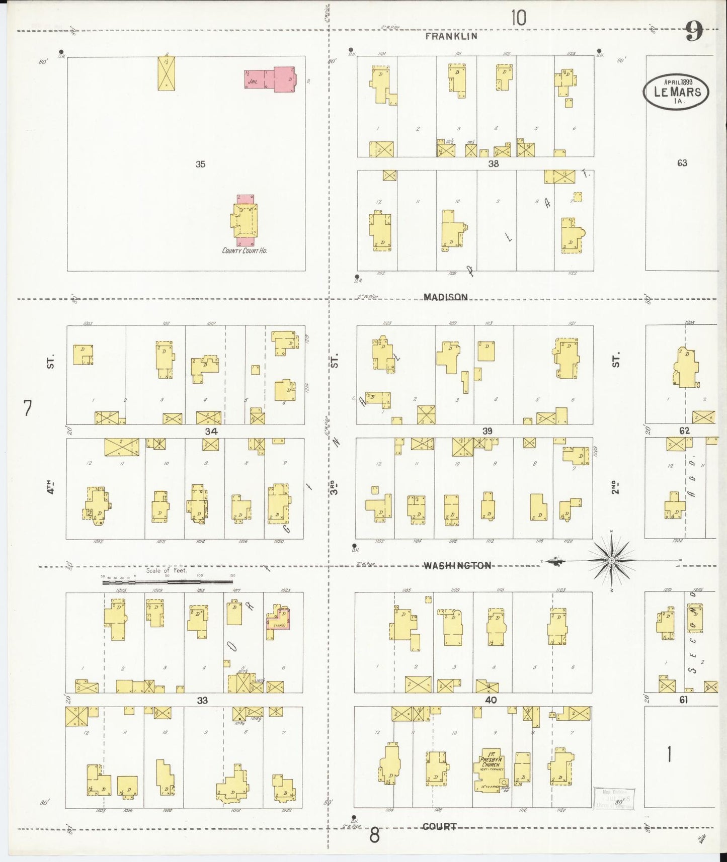 Sanborn Fire Insurance Map from Le Mars, Plymouth County, Iowa (1899), Sheet #0009 - Historic Sanborn Fire Insurance Map Print, vintage old map wall art