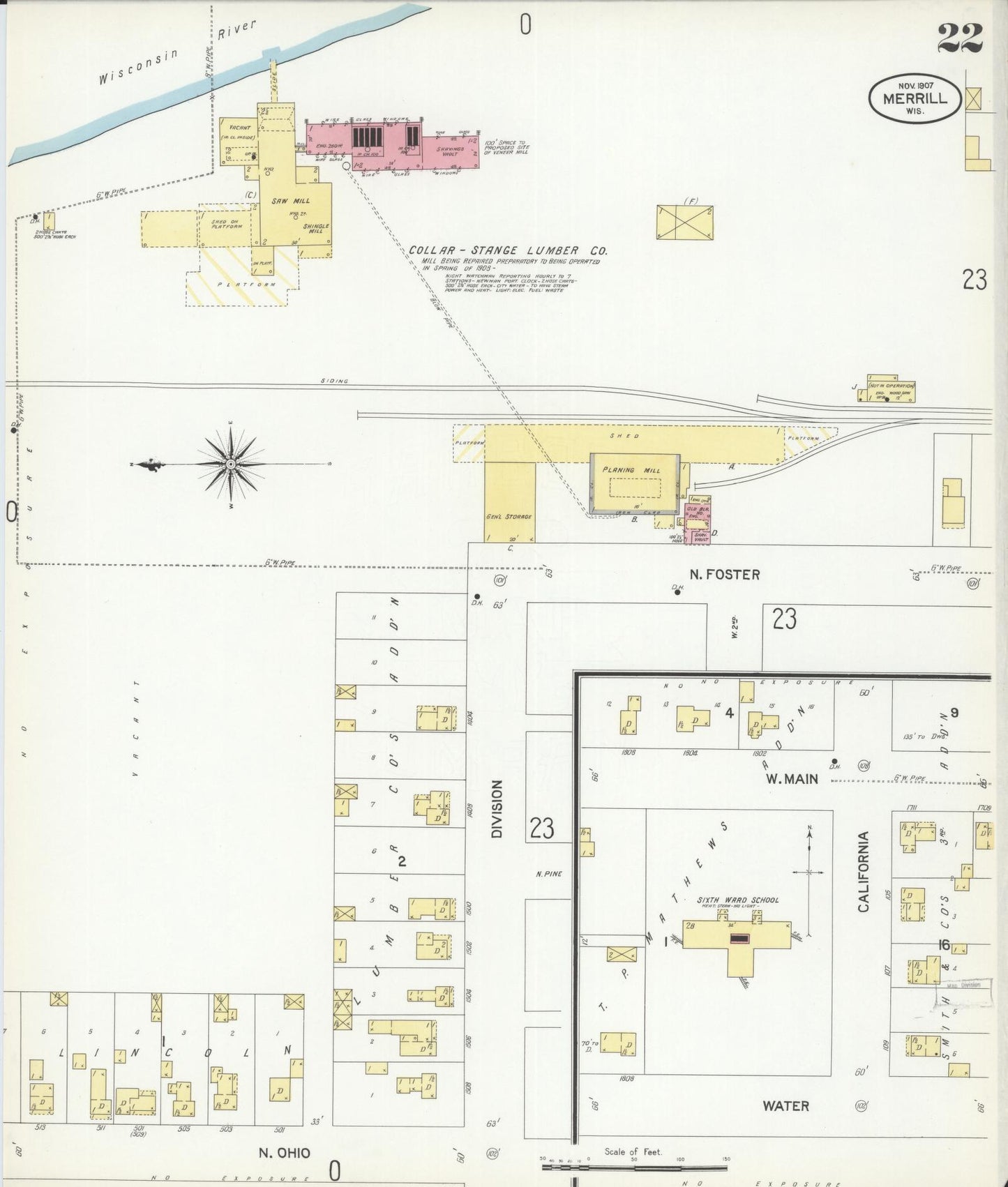 Sanborn Fire Insurance Map from Merrill, Lincoln County, Wisconsin (1907), Sheet #0022 - Historic Sanborn Fire Insurance Map Print, vintage old map wall art, antique decor, genealogy gift, Wisconsin Wisconsin map