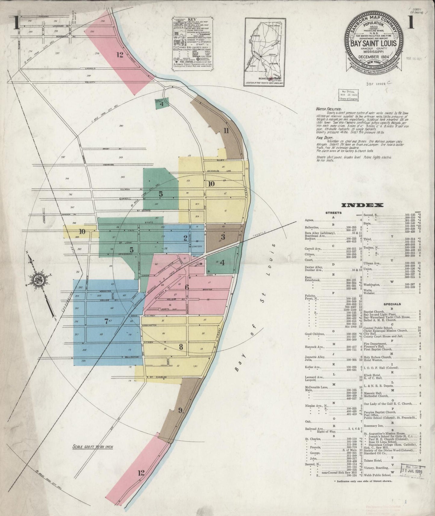 Sanborn Fire Insurance Map from Bay Saint Louis, Hancock County, Mississippi (1924), Sheet #0001 - Historic Sanborn Fire Insurance Map Print, vintage old map wall art, antique decor, genealogy gift, Mississippi Mississippi map