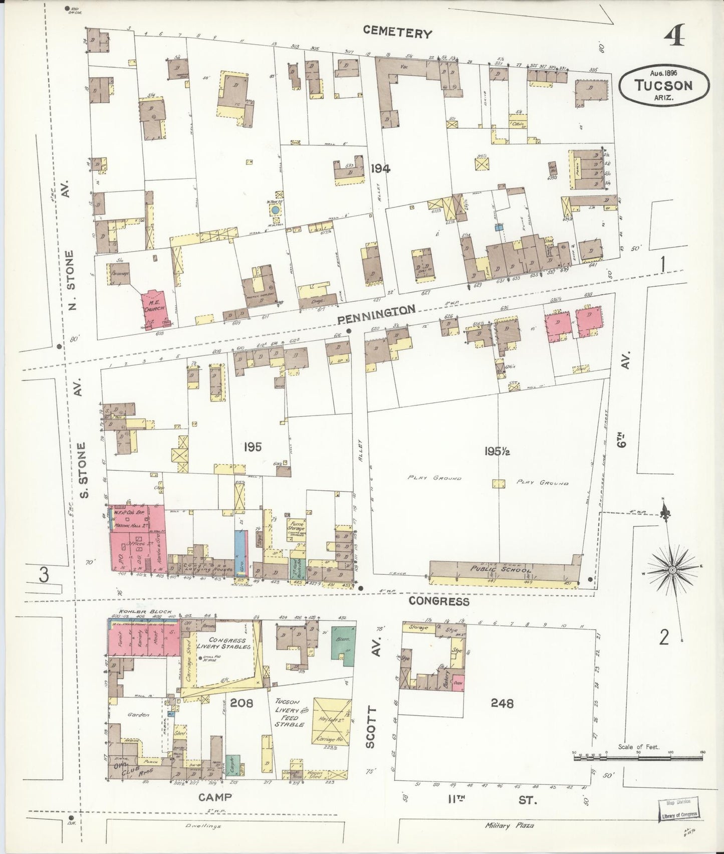 Sanborn Fire Insurance Map from Tucson, Pima County, Arizona (1896), Sheet #0004 - Historic Sanborn Fire Insurance Map Print, vintage old map wall art, antique decor, genealogy gift, Arizona Arizona map