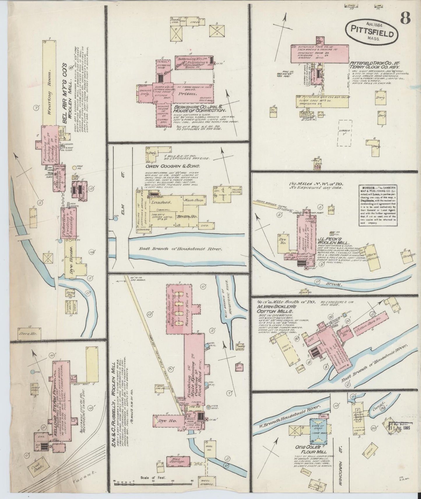 Sanborn Fire Insurance Map from Pittsfield, Berkshire County, Massachusetts (1884), Sheet #0008 - Historic Sanborn Fire Insurance Map Print, vintage old map wall art, antique decor, genealogy gift, Massachusetts Massachusetts map