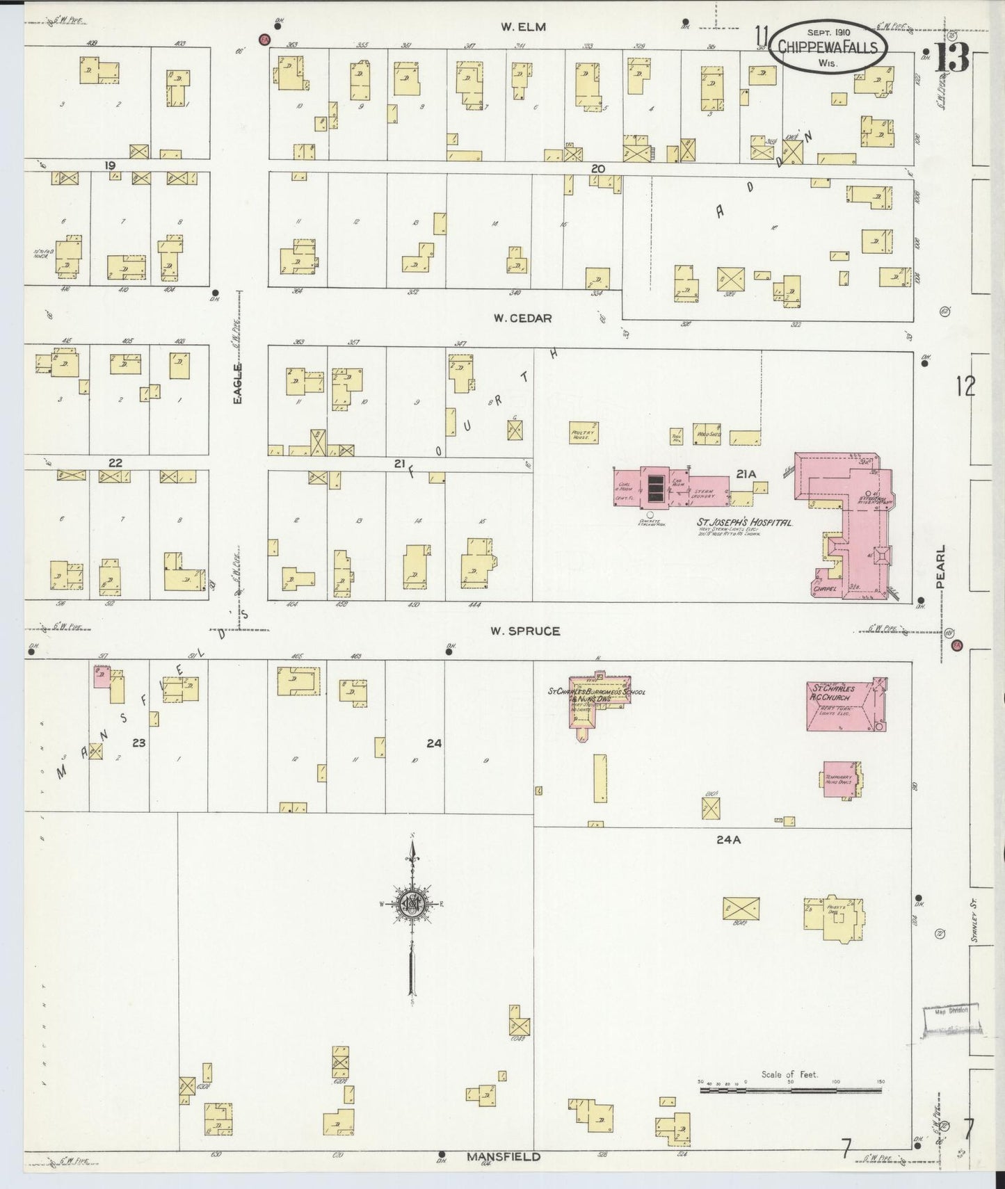 Sanborn Fire Insurance Map from Chippewa Falls, Chippewa County, Wisconsin (1910), Sheet #0013 - Historic Sanborn Fire Insurance Map Print, vintage old map wall art, antique decor, genealogy gift, Wisconsin Wisconsin map